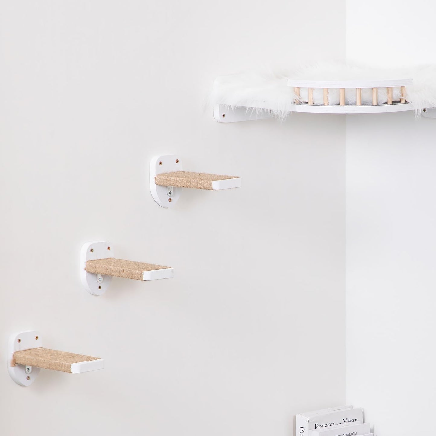 3-in-1 Cat Wall Steps with Hemp Rope, Solid Wood Cat Ladder for Climbing and Playing (Large-White)