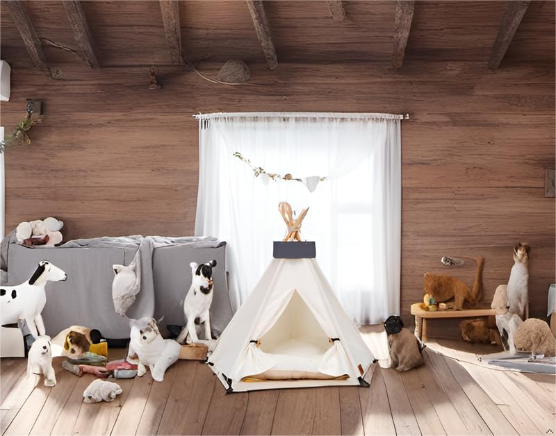 Pet Teepee Dog & Puppy Cat Tents Tipi Bed Portable Houses with Thick Cushion for Pets Up to 20lbs