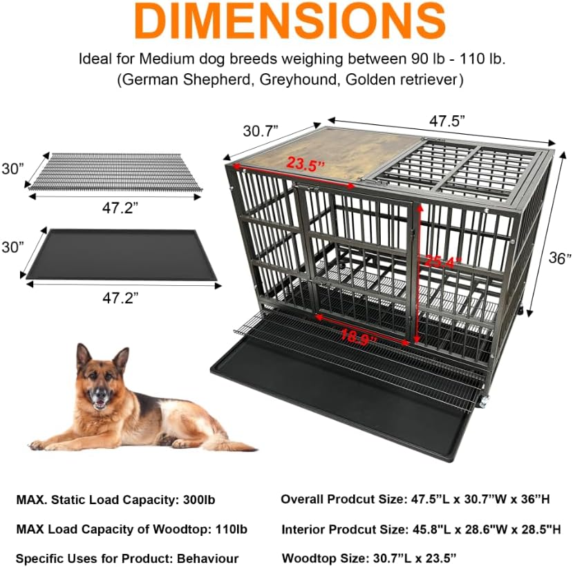 54/48/42/38 Inch Heavy Duty Dog Crate Cage with Wheels, Indestructible and Escape Proof Steel Kennel Indoor for High Anxiety Dogs with Sturdy Locks, Double Door and Tray, Extra Large XL XXL