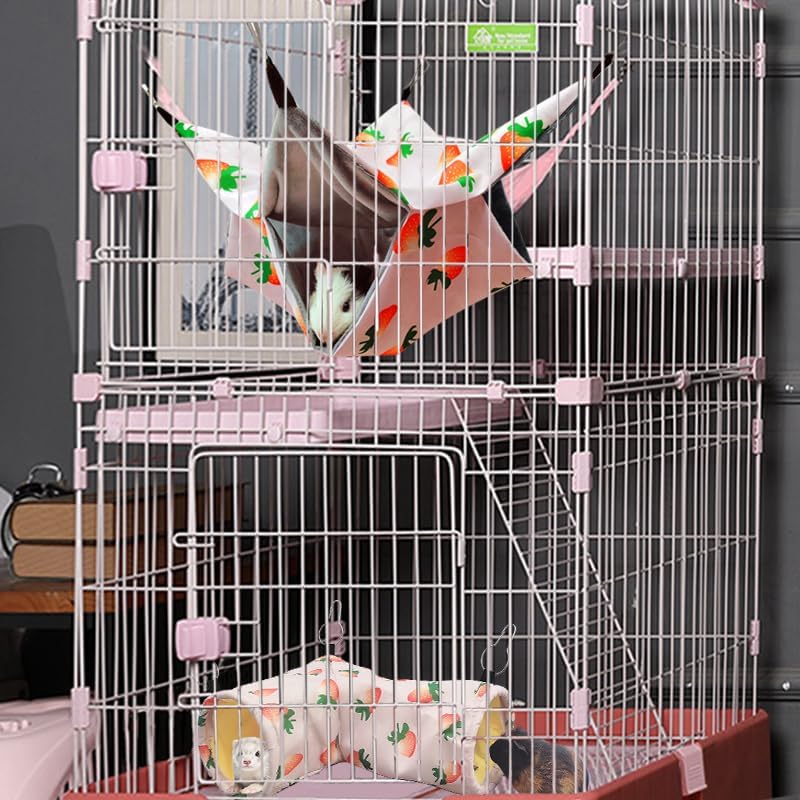 Large Caliber Guinea Pig Hideout & Hammock, Corner Hideout Toy for Guinea Pig, Ferret, Hedgehog, Piggy-2 Tunnel Strawberry