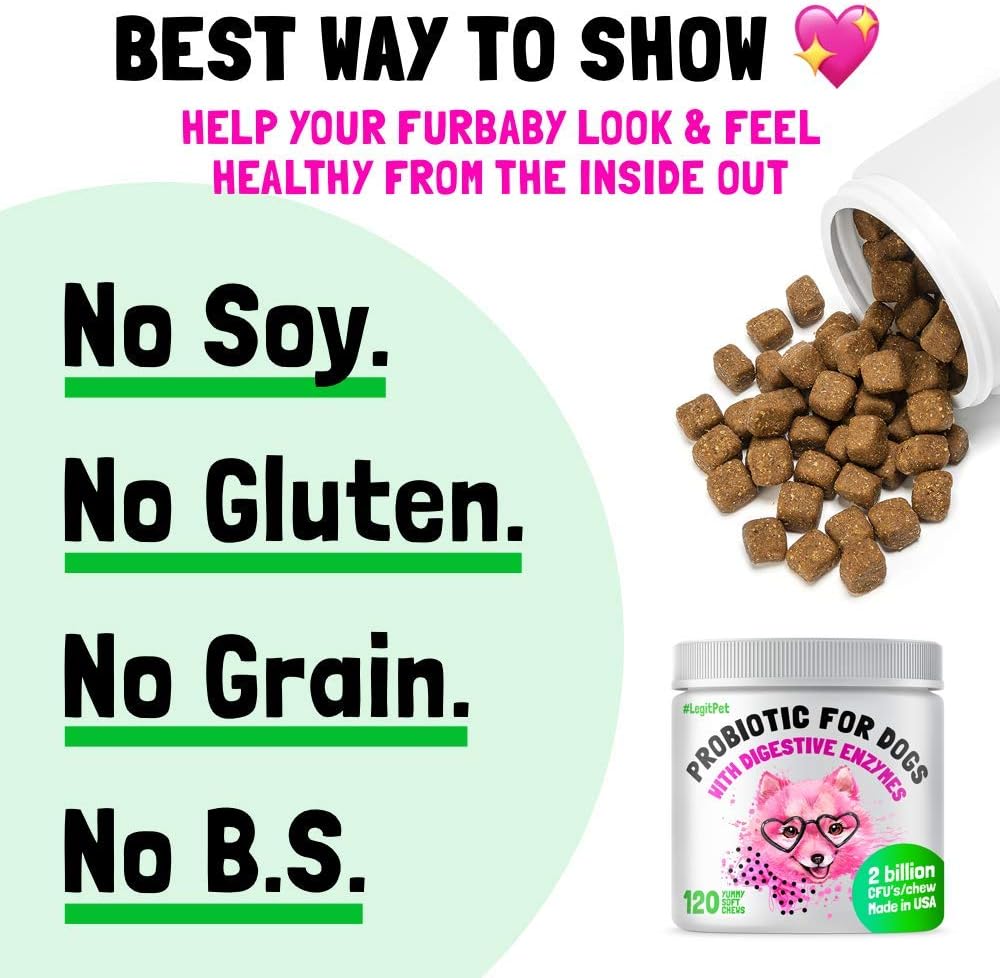 Probiotics for Dogs Natural Digestive Enzymes Prebiotics for Allergy Itch Relief Gut Flora Coprophagia Bowel Support Treatment Anti Diarrhea for Dogs Pet Health Immune System Support 120 Soft Chews