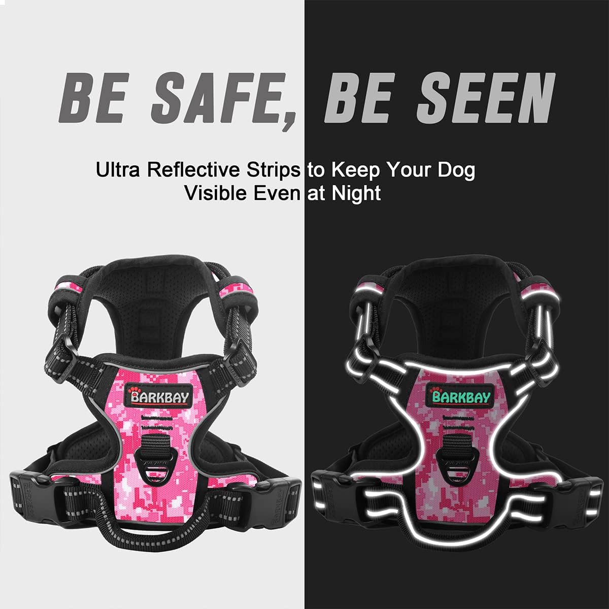 BARKBAY No Pull Dog Harness Front Clip Heavy Duty Reflective Easy Control Handle for Large Dog Walking(Pink camo,M)