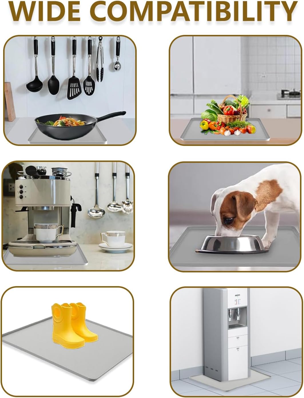 Waterproof Silicone Mat with Raised Edges 24x16 Inch, Water Cooler Mat & Countertop Protector for Hardwood Floors, Non-Slip Kitchen Appliance Pad for Pets Cats Dogs Feeding Bowls, Easy to Clean (Gray)