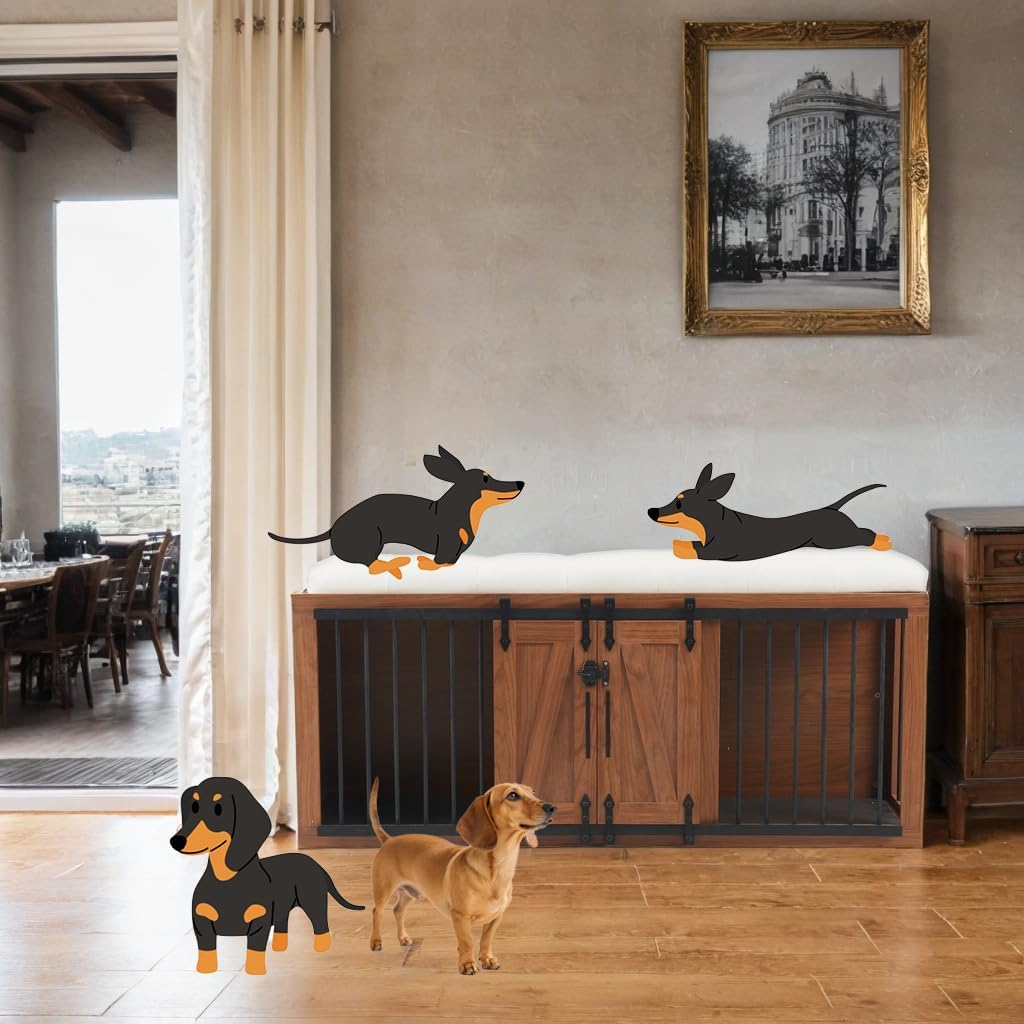 56" L Dog Crate Furniture with Padded Seat, End of Bed Bench Ottoman with Cushion, Wooden Dog Kennel with Pet Stairs & Sliding Barn Door for Bedroom, Living Room, Walnut