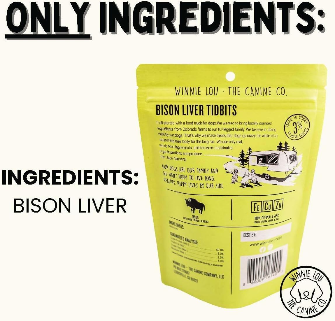 Winnie Lou The Canine Co. Freeze Dried Bison Liver Tidbits - Single Ingredient, Human-Grade, No Artificial Flavors or Fillers, Perfect for Training (Pack of 2)