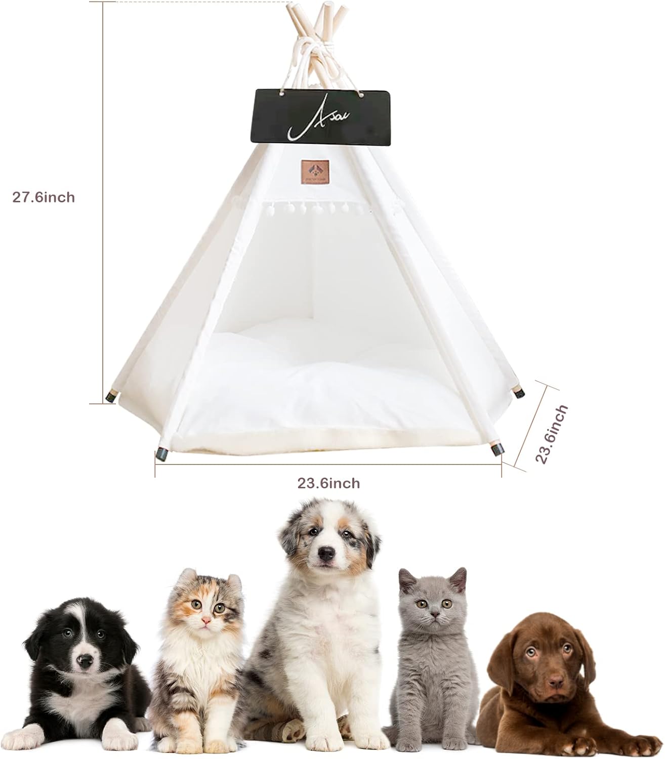 Dog Teepee Pet Tent Portable Dog Houses Puppy Teepee Cat Bed with Thick Cushion