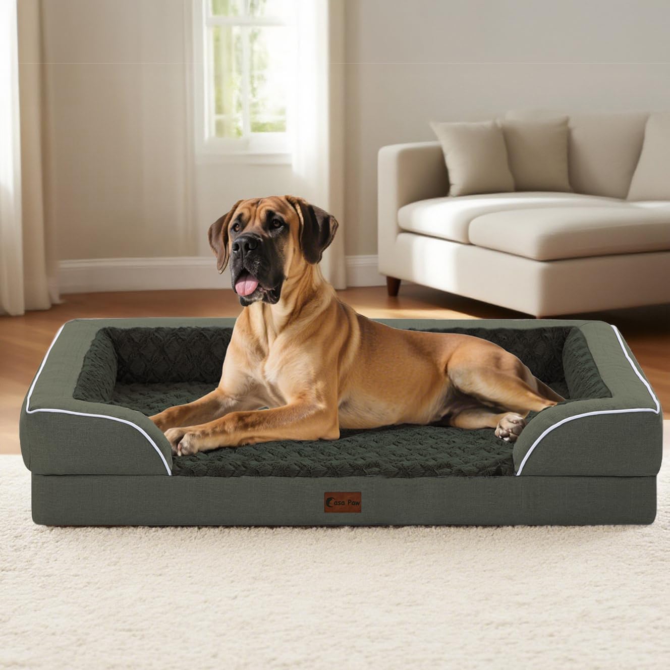 Orthopedic XL Dog Bed for Extra Large Dogs, Waterproof Memory Foam Dog Beds with Sides, Non-Slip Bottom and Egg-Crate Foam Big Dogs Beds with Removable Washable Cover(X-Large,Dark Green)