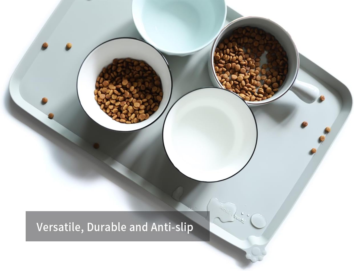 Hoki Found L Silicone Pet Feeding Mats with Higher Lips - Non Slip Pet Dog Cat Bowl Mats - Waterproof - Suitable for Carpet - Battleship