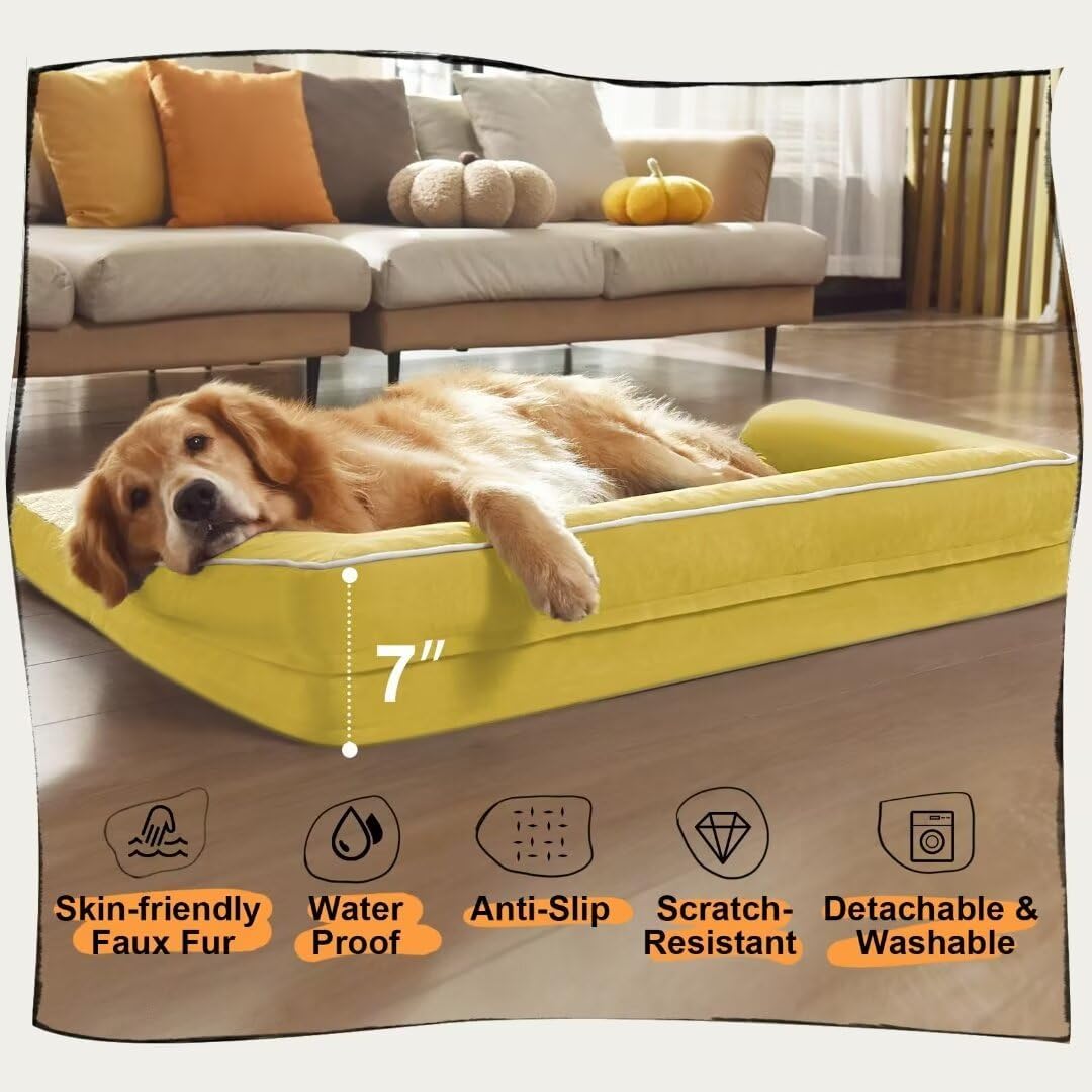 Large Dog Bed Orthopedic Washable - Couch Sofa - XL Large Big Dogs - Beds Bolster Pet - Memory Foam - Waterproof with Removable Cover - Ginger Yellow Dog Bed
