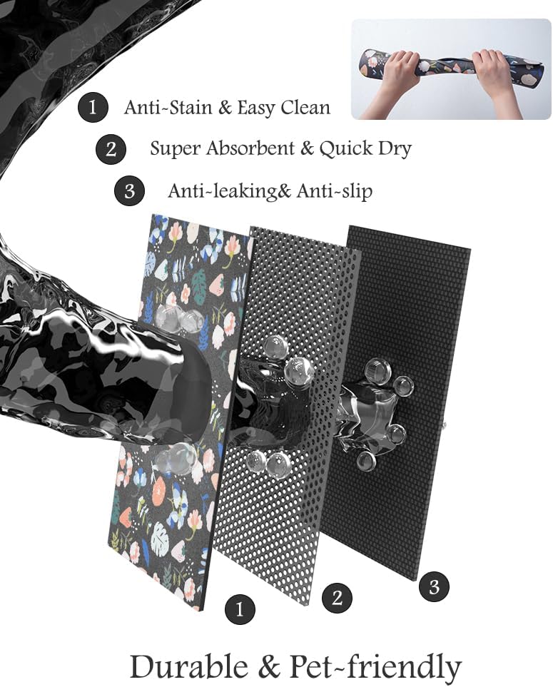 Pet Feeding Mat-Absorbent Dog Mat for Food and Water Bowl-No Stains Quick Dry Water Dispenser Mat-Dog Accessories Pet Supplies-Bowl for Messy Drinkers(DARKFLOWERS,17"x28"