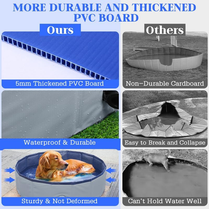 Foldable Dog Bath Swimming Pool 71'' Plastic Kiddie Pool Professional Tub Collapsible Grooming Bathtub for Pets Kids Baby and Toddler, 71 x 12 Inches Gray