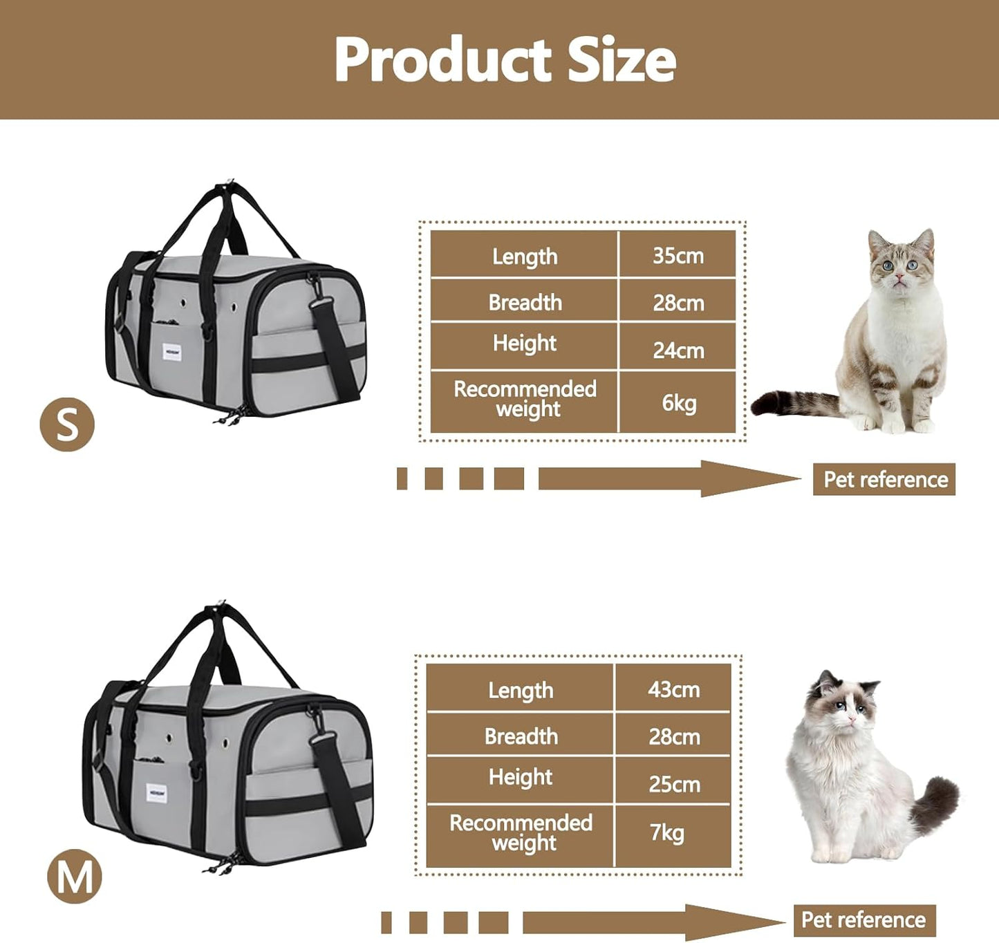 Pet Carrier Bag, Foldable Cat Bag Airline Approved, Soft-Sided Cat Travel Bag, Washable Dog Carrier Privacy Protection for Home Outdoor Travel(M, Grey)