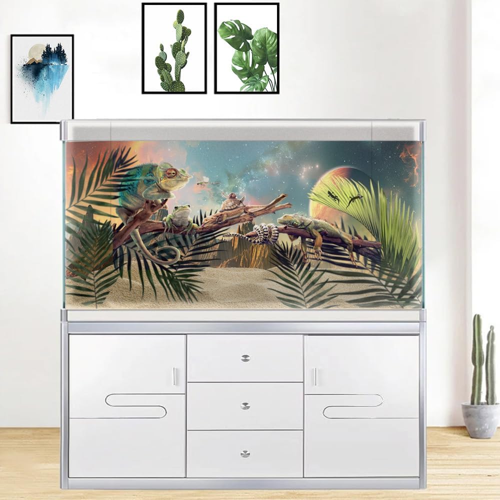 Cosmic Aquarium Background,Cool Galaxy Parallel Space Themed Fish Tank Background, Tropical Desert Terrarium Background 72X16IN with 8 EVA Double-Sided Tape