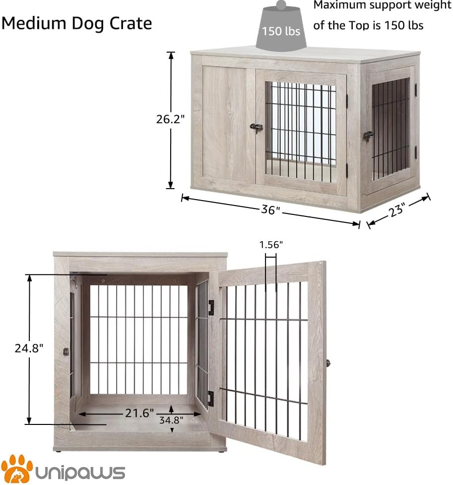 unipaws 36 Inch Furniture Style Dog Crate for Medium Dogs, Indoor Puppy Kennel with Door, Modern Decorative Wood Wire Pet Cage, Pretty Cute End Side Table Nightstand, Weathered Grey