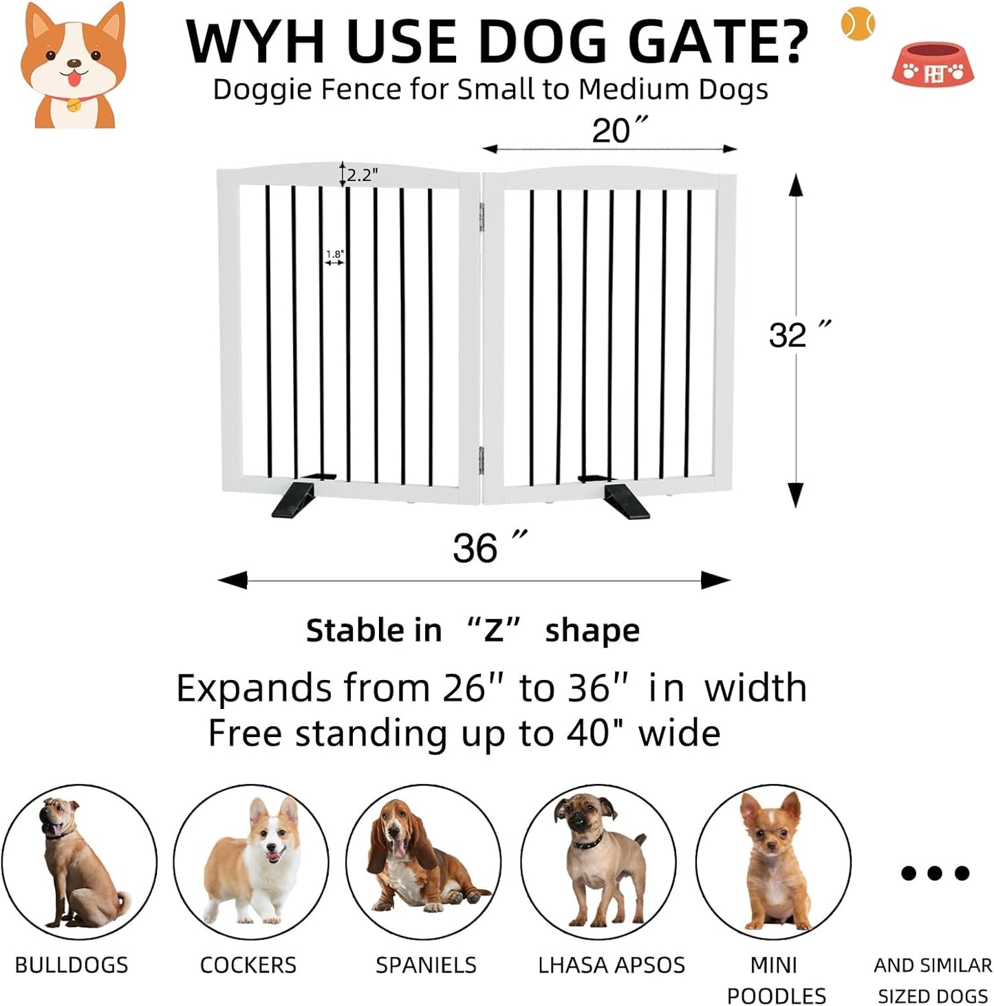 ZJSF Freestanding Panel Dog Gate for Indoor, Doorways,Stairs, or Hallways,Foldable Wooden White Pet Gates for House,Pet Gate for Dogs,Dog Fence, Puppy Gate,Support Feet Included, 32 "Height-2 Panels