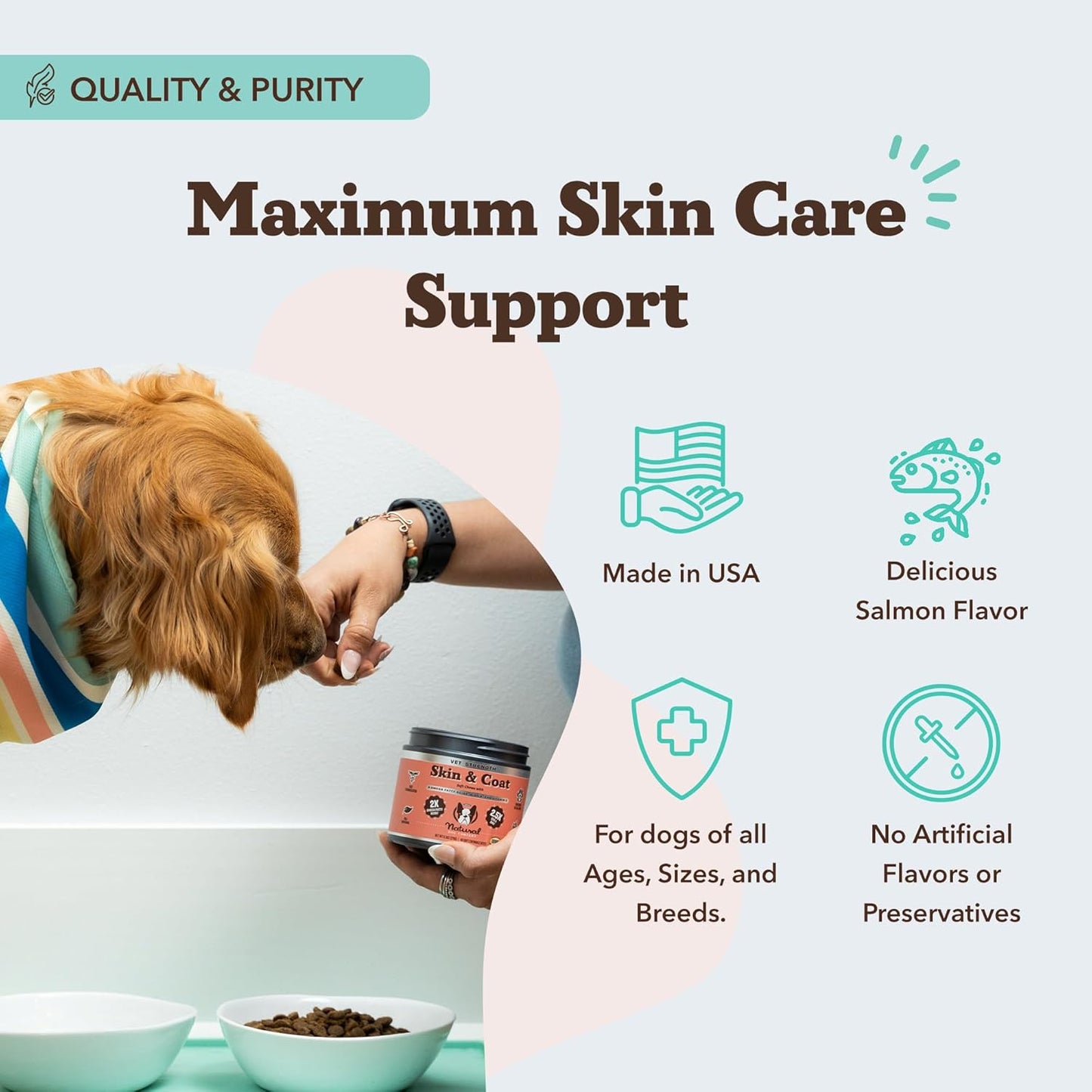 Natural Dog Company Vet Strength Omega Skin & Coat Chews for Dogs – Supports Itchy Skin Relief, Moisture Balance & Coat Hydration, Biotin & Vitamin E, Dry Skin Care, Vet-Recommended, USA Made, 90 Ct