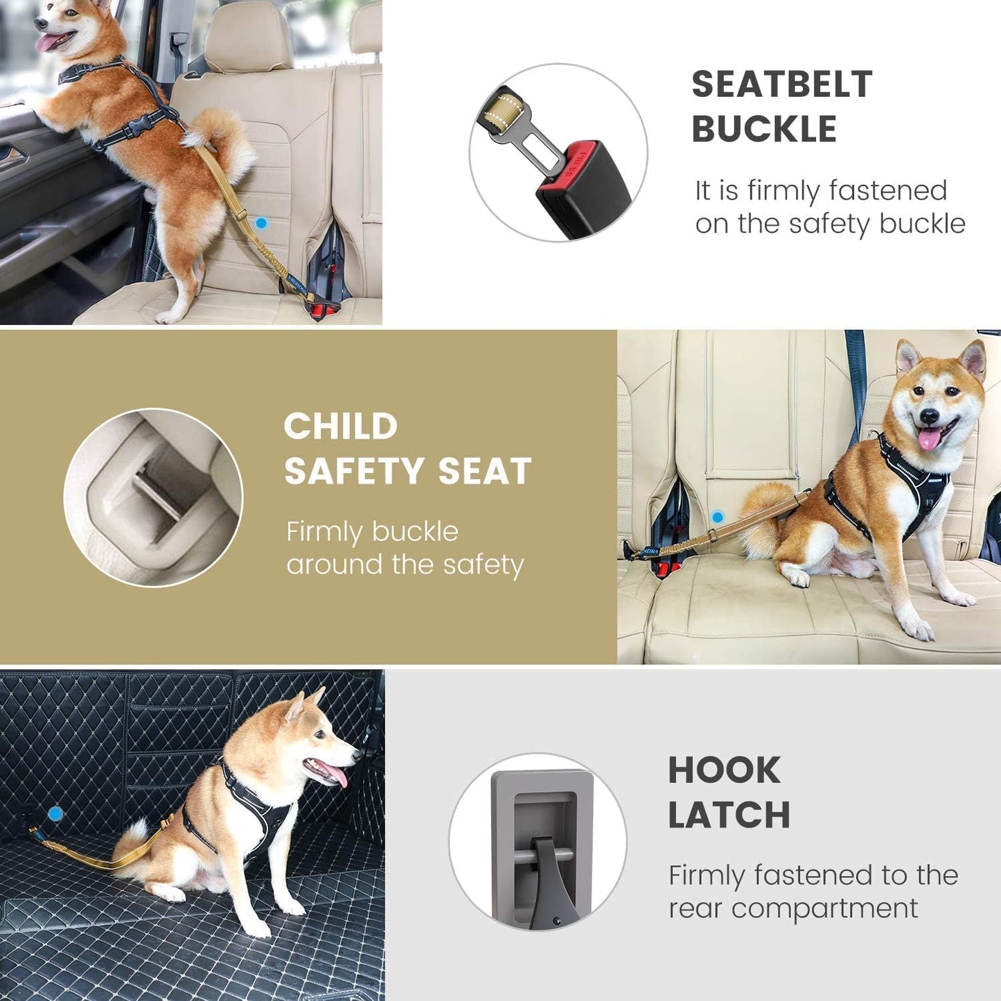 IOKHEIRA Dog Seat Belt 3-in-1 Car Harness for Dogs Adjustable Safety Seatbelt for Car Durable Nylon Reflective Bungee Fabric Tether with Clip Hook Latch & Buckle, Swivel Zinc Alloy Carabiner Green