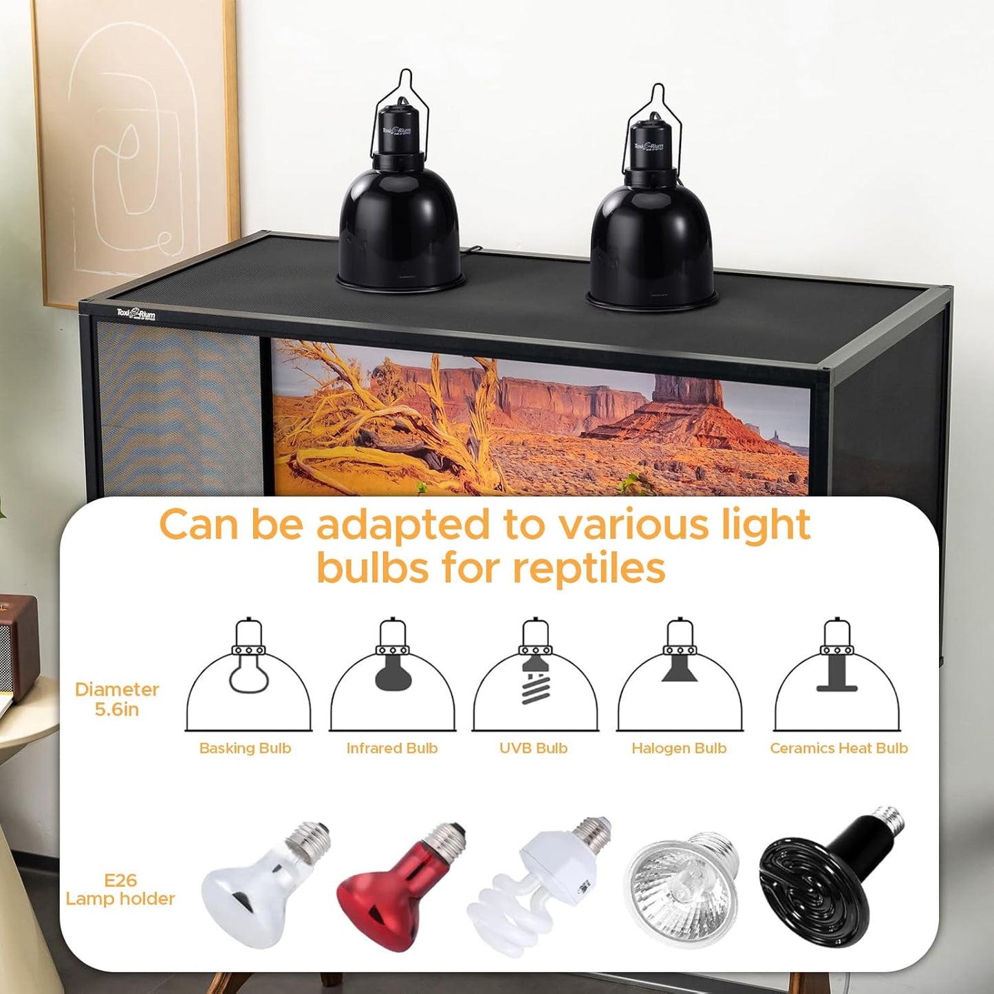 Reptile Light Fixture, 2-Pack 5.5-Inch Deep Dome Lamp Caps with Optical Reflection Cover, Heat-Resistant Design for Reptile Enclosures, Terrariums, and Amphibian Habitats