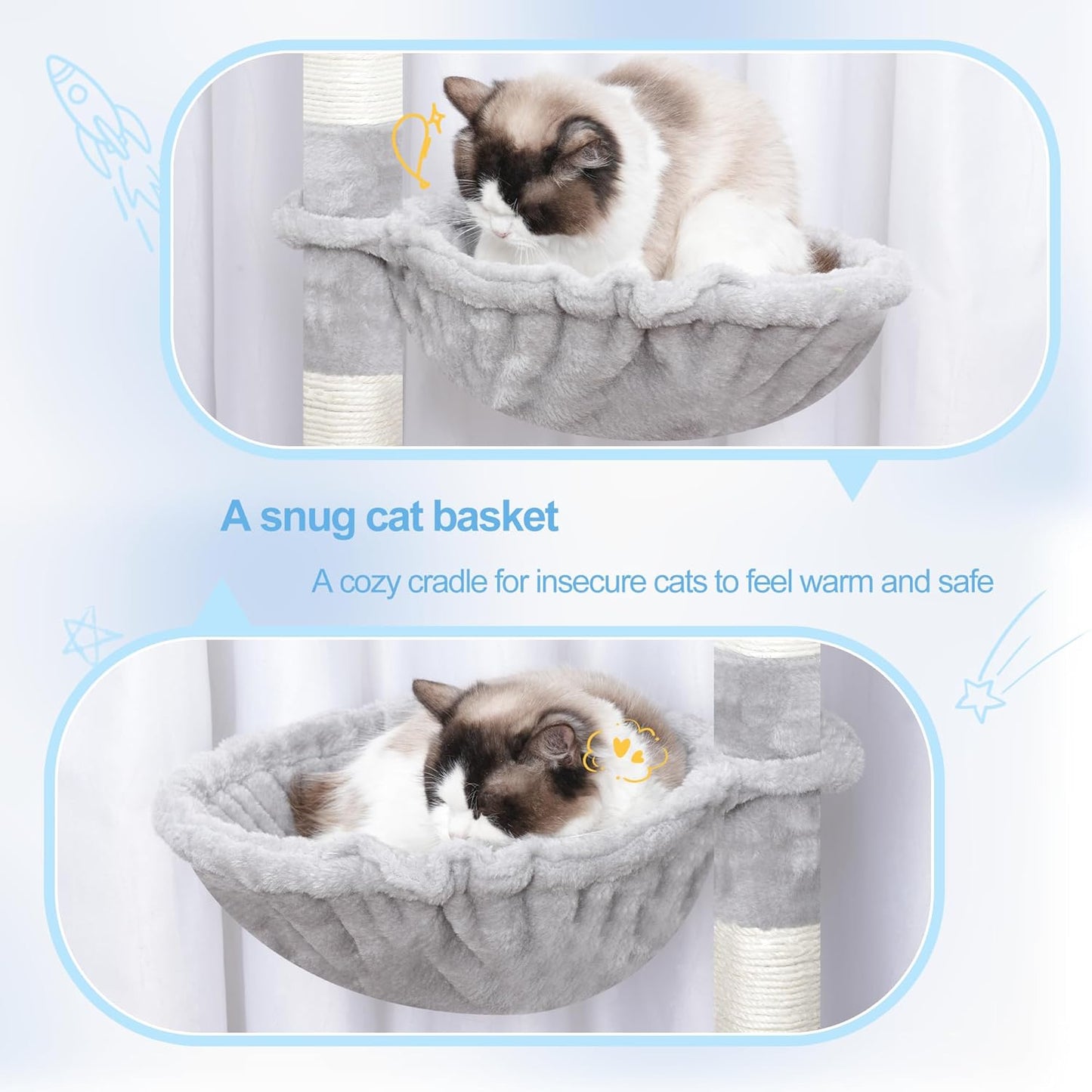 Hey-brother Cat Tree Tower, Scratching Posts with a Extended Part, Wide Platforms, Cozy Condos, Hammocks, Sisal Columns and Ball for Indoor Cats, 70.1 Inches, Light Gray MPJ038W