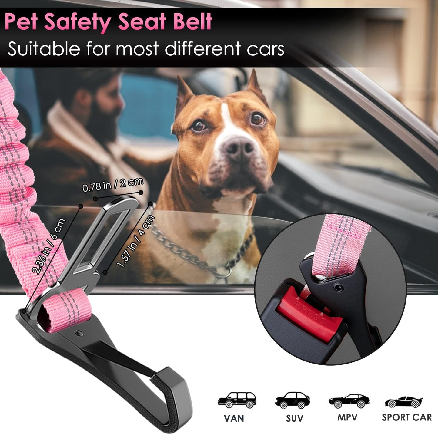 SlowTon Dog Seat Belt, Adjustable Dog Safety Belt Leash, 2 in 1 Latch Bar Attachment Dog Car Seatbelt with Elastic Nylon Bungee Buffer, Reflective Nylon Belt Tether(Pink,35.5in)