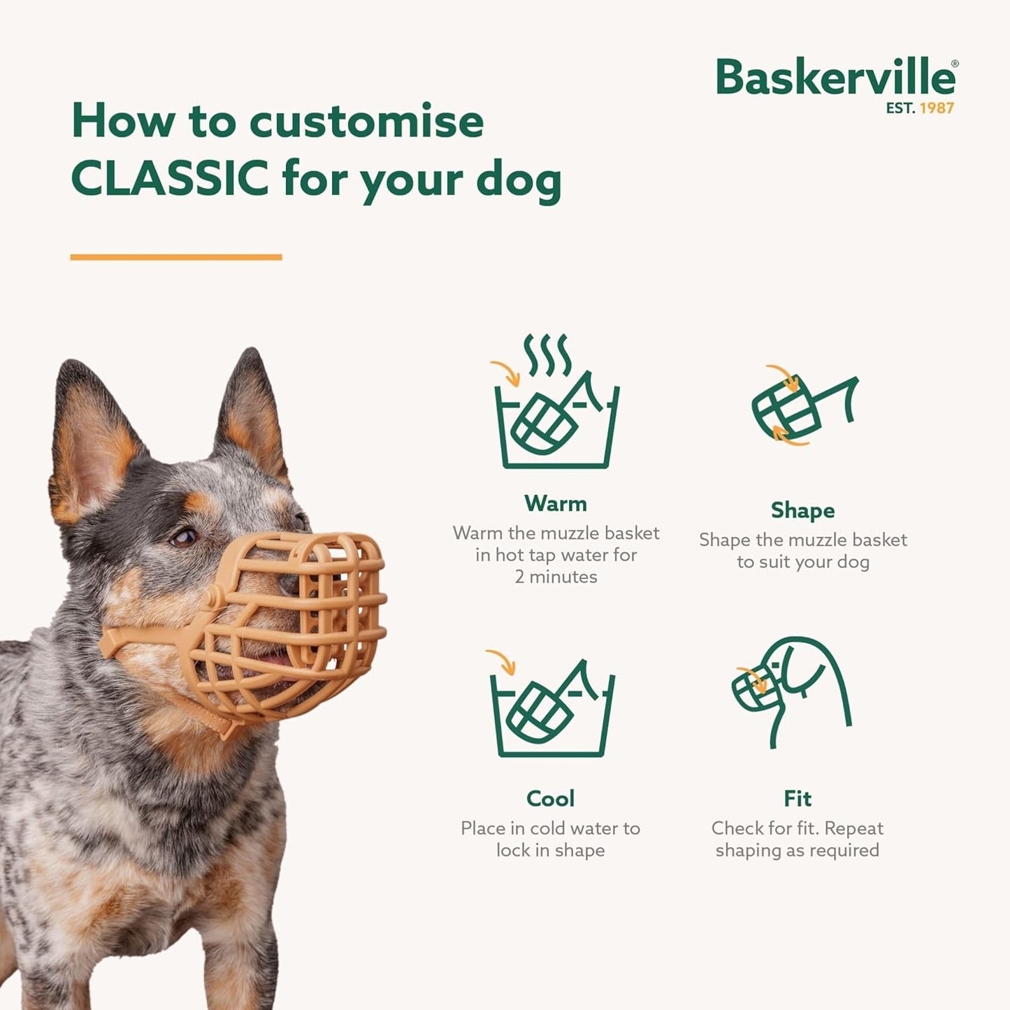 Baskerville Classic Basket Muzzle - Prevents Biting and Food Waste Scavenging, Ideal for Longer Nosed Dogs, Size 3, Length without mesh: 4.5 cm, length with mesh: 3.5 cm, circumference: 20 cm