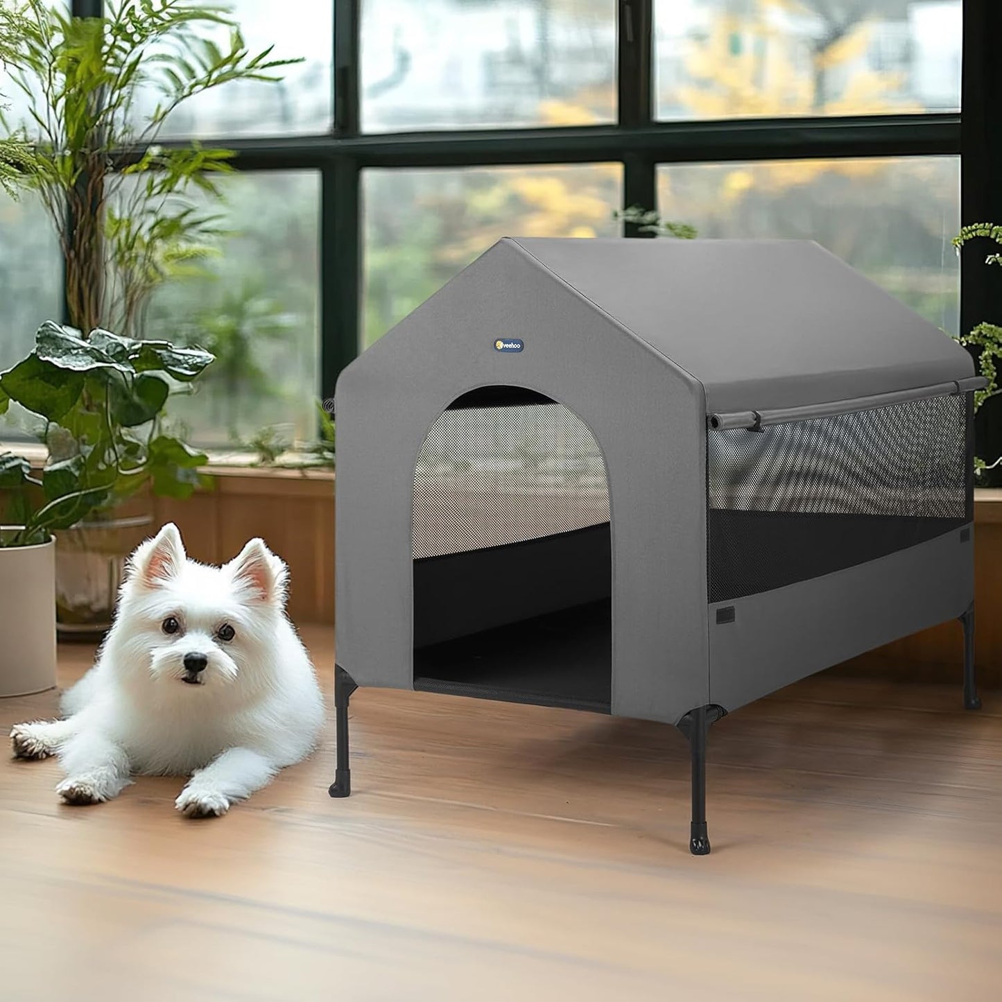 Veehoo 29" Dog House, 2-in-1 Small Dog House Outdoor Indoor Weatherproof, Outside Elevated Dog Cot Bed Dog Tent Shade, Three-Sided Breathable Mesh Windows and Sunshades, CWC2435CP