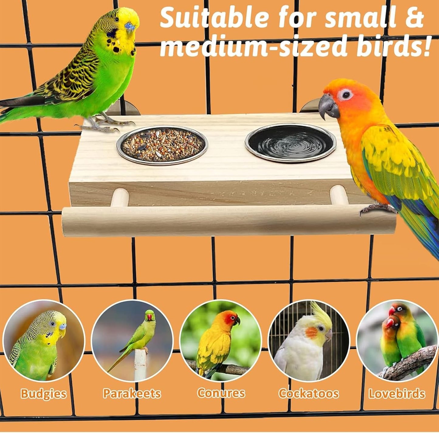 Tfwadmx Bird Feeding Dish Cups with Wooden Platform Hanging Stainless Steel Parrot Cage Feeder Bowl Wood Perch Stand for Parakeet Cockatiels Lovebirds Budgie (Small)