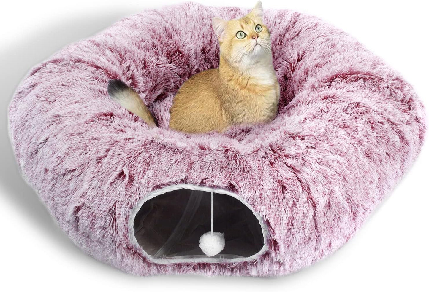 AUOON Cat Tunnel Bed for Indoor Cats - Circle Peekaboo Cat Cave with Washable Mat for Indoor Cats Kitten Kitty Puppy Rabbit Ferret (Rosiness)