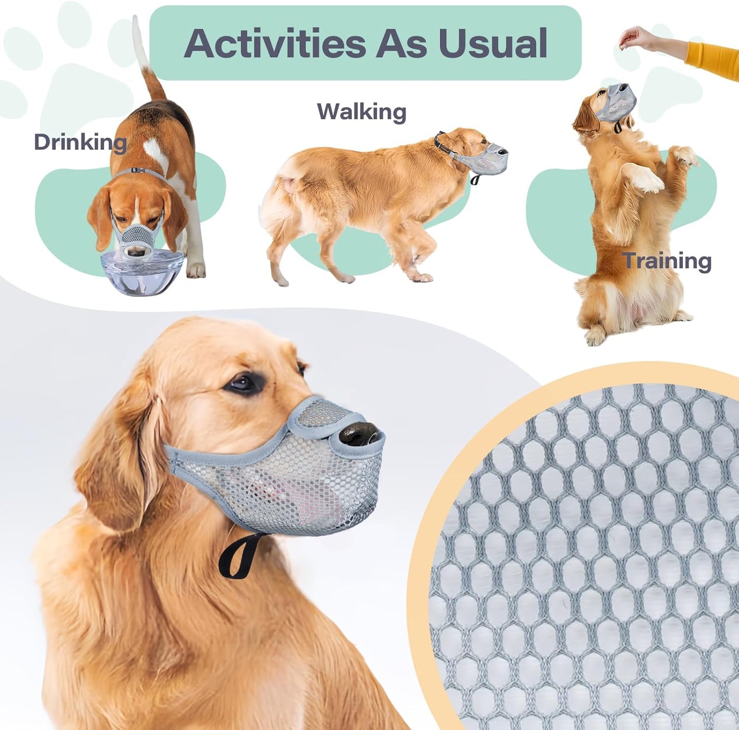 LUCKYPAW Dog Muzzle for Large Medium Small Dogs, Patented Mesh Muzzle to Prevent Biting Chewing Eating, Soft Mouth Guard with Front Opening Design for Drinking Panting(Grey, L)