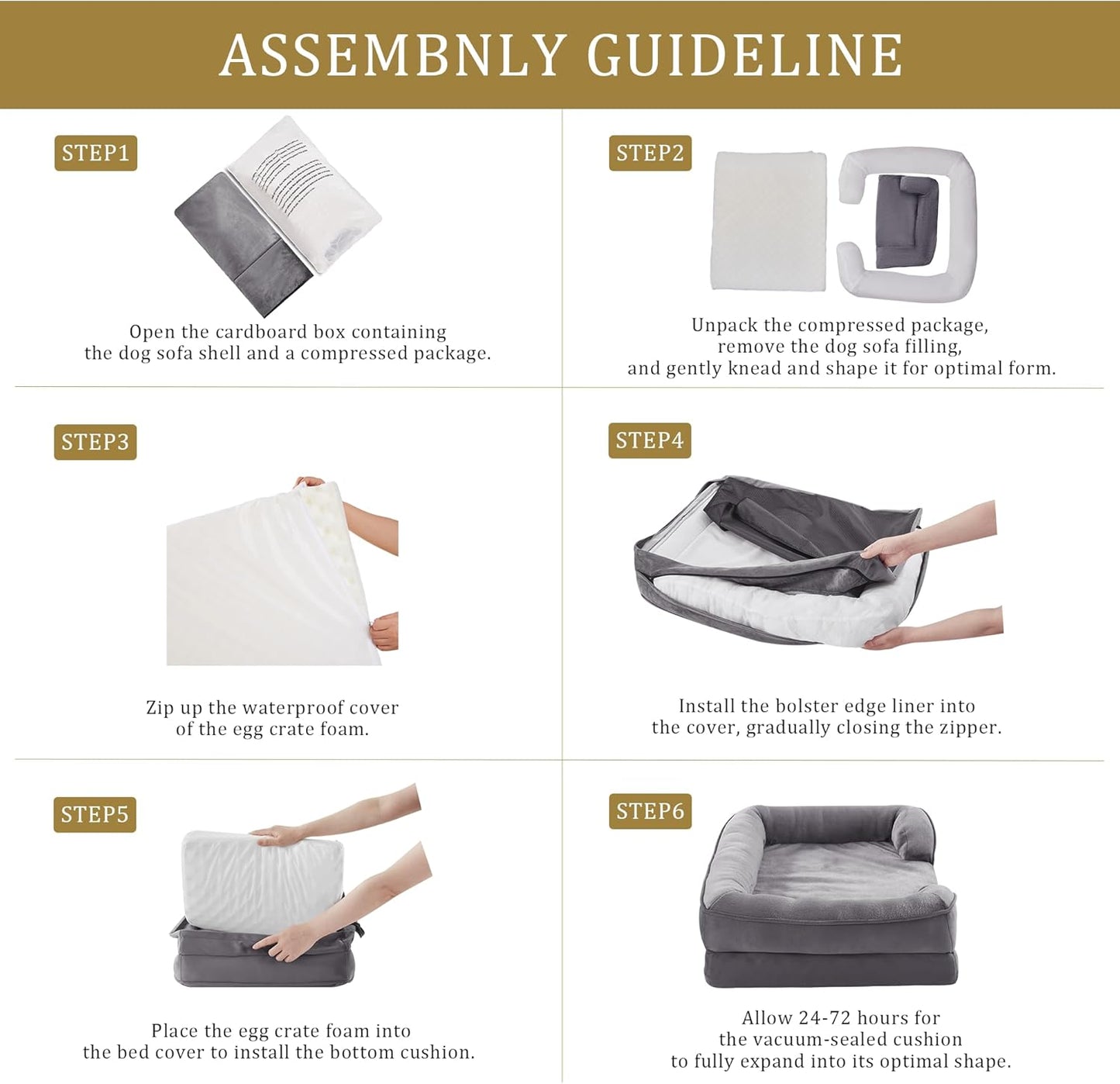 Bedfolks Orthopedic Dog Bed, Big Waterproof Dog Sofa Bed for Large Dogs, Egg Foam Pet Couch Bed with Removable Washable Cover and Nonslip Bottom, Dark Grey