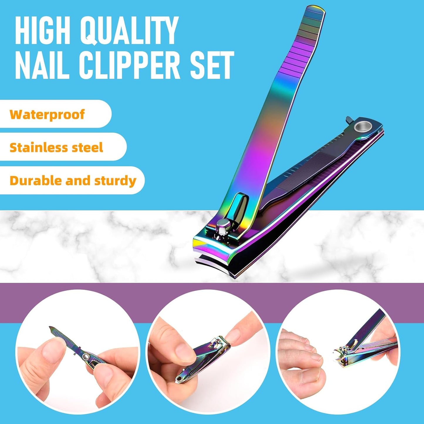 2PCS Stainless Steel Nail Clippers,Rainbow Fingernail Clipper and Toenail Clipper, Wide Easy Press Lever Nail Cutter with Swing Out Nail Cleaner/File for Men and Women