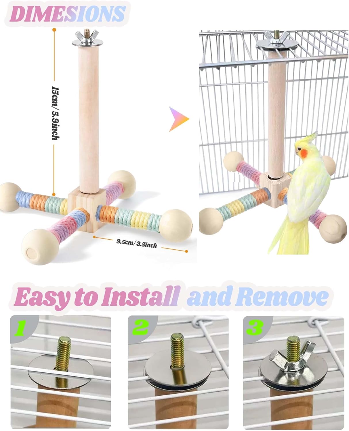Bird Stand Perch Toy for Small & Medium Birds, 360° Rotating Natural Wooden Parrot Perchs for Bird Cages, Interactive Spinning Toy fo Parrot Parakeets Cockatiels Lovebirds Conures Finches Budgies