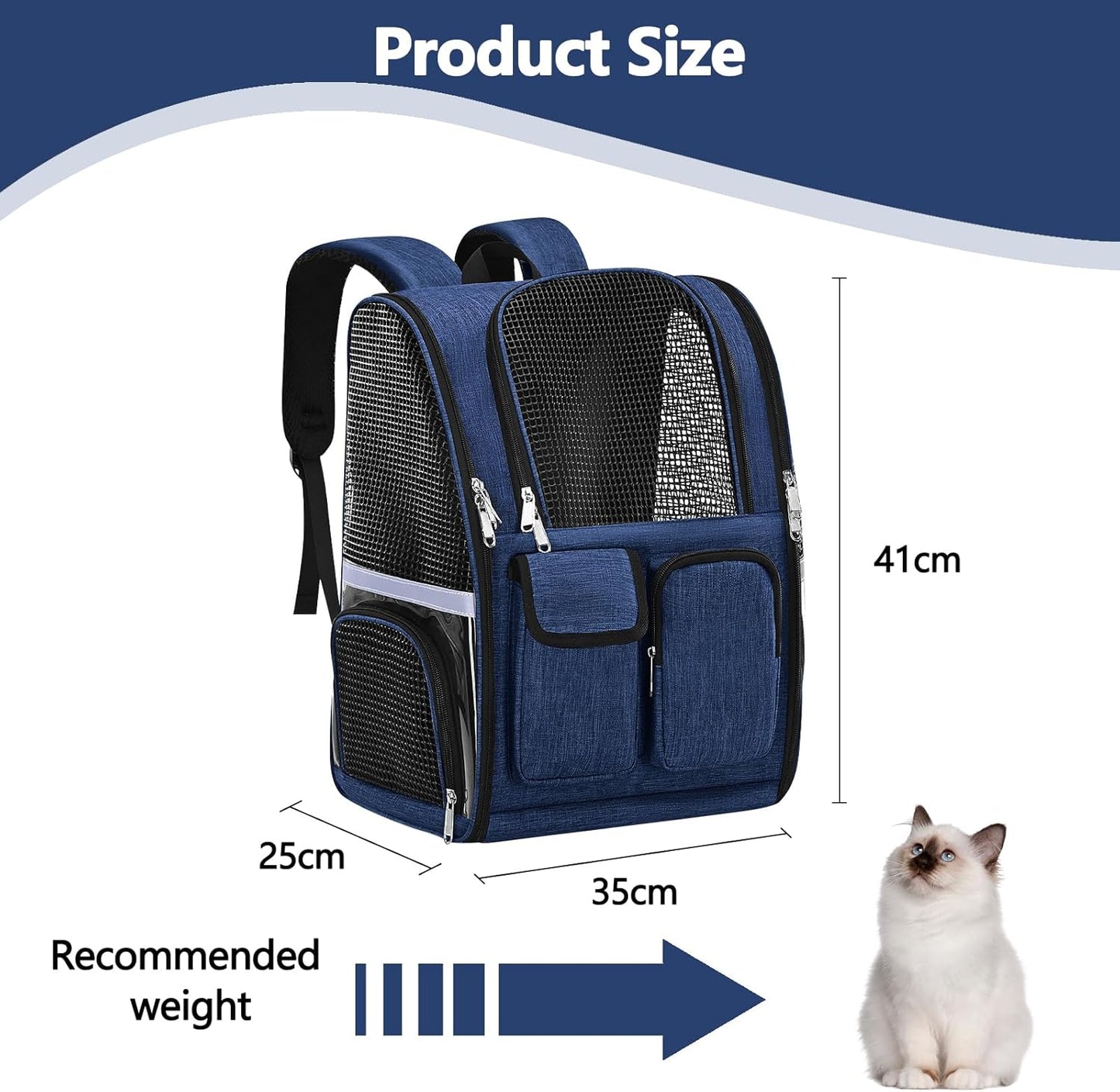 Pet Backpack, Airline Approved Dog Backpack, Cat Bag for Travel Hiking Bike Riding Walking Outdoor, Cat Backpack with Breathable Mesh(Blue)