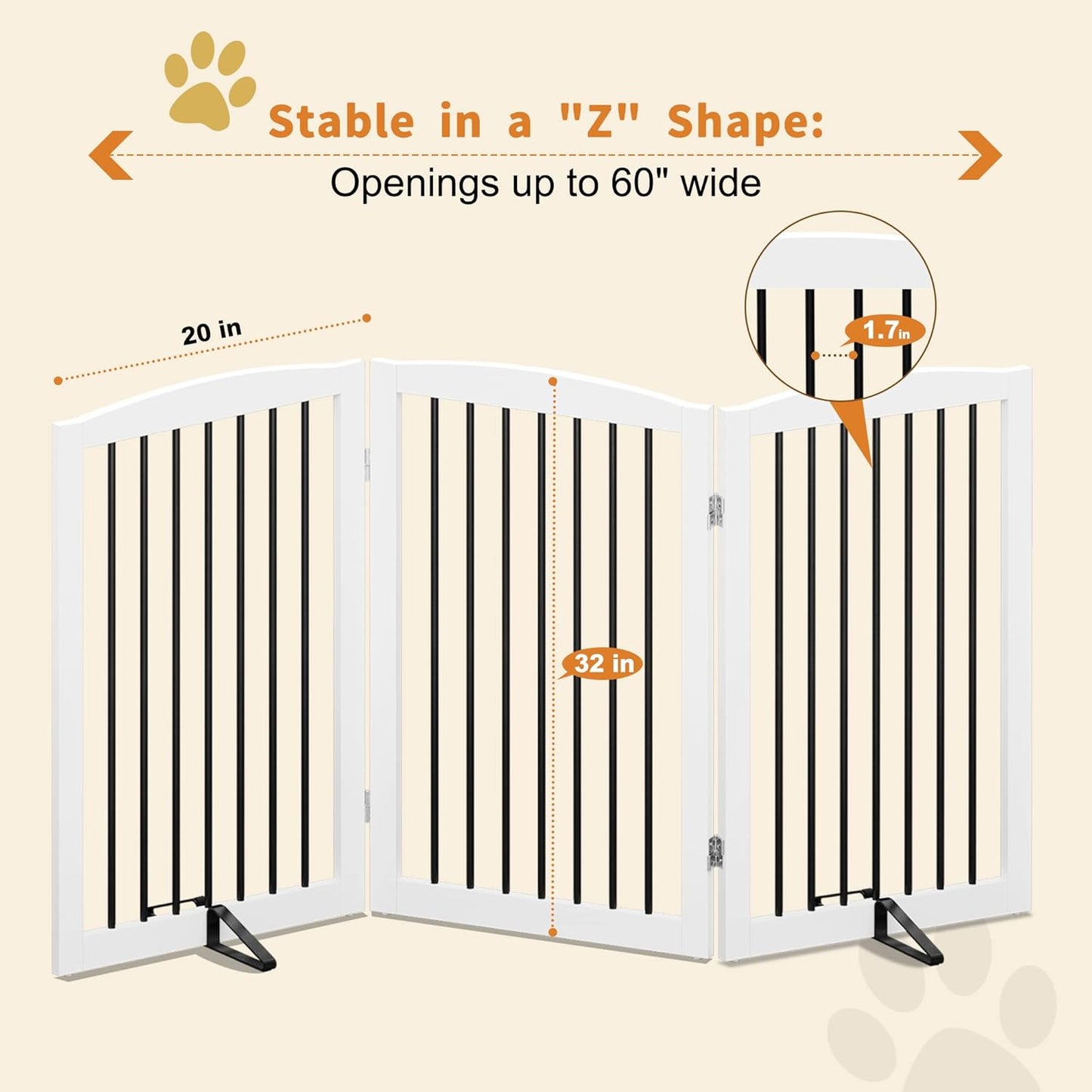 Freestanding Pet Gate for Dogs, Foldable Wooden Dog Gate for House Indoor, Tall Pet Fence for Stair, Doorway,Hall, Support Feet Included, 3 Panels 32",White