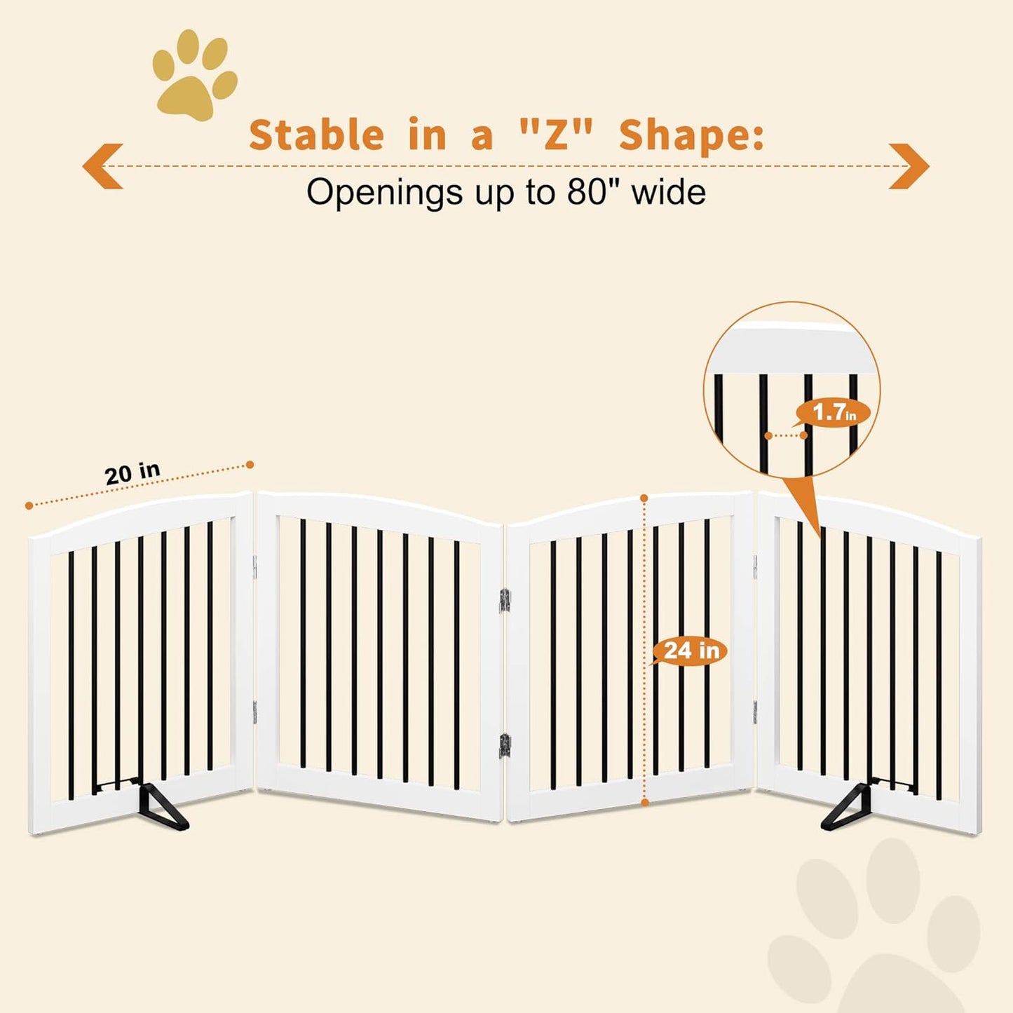 Freestanding Pet Gate for Dogs, Foldable Wooden Dog Gate for House, Indoor Dog Gate for Stair, Doorway, Gates for Dogs Indoor, 80 Inch Wide, 4 Panels 24",White