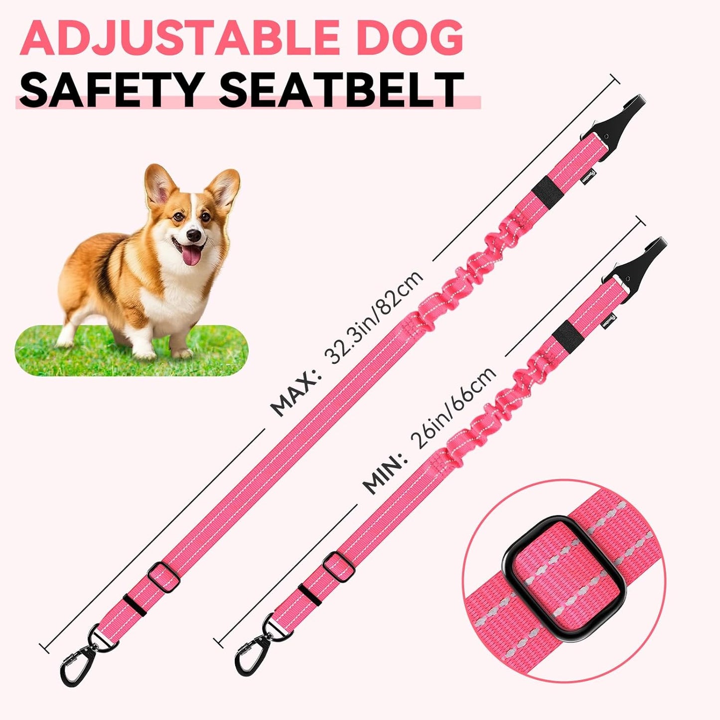 Pawaboo 2Pack Dog Seatbelt for Car, 3-in-1 Dog Car Seat Belt Bungee, Shockproof Dog Tether for Car with Buckle & Hook Latch, Adjustable Reflective Dog Harness Leash with 360° Lockable Buckle, Pink