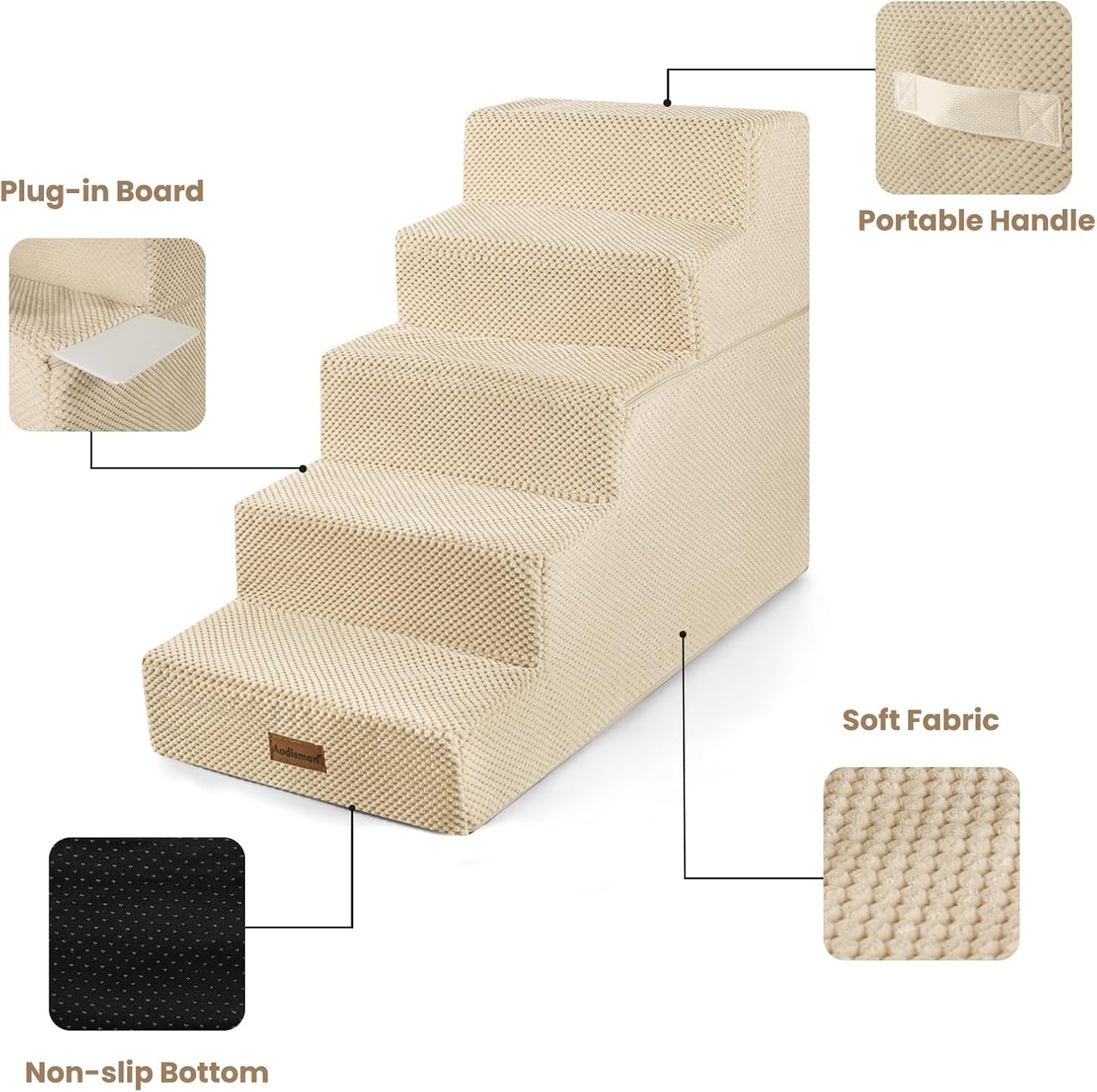 Dog Stairs for High Bed 22.6" H,5-Step Dog Steps for Small Dogs and Cats,Indoor Non-Slip Balanced Pet Stairs are Suitable for Puppy,Older Cat,Beige