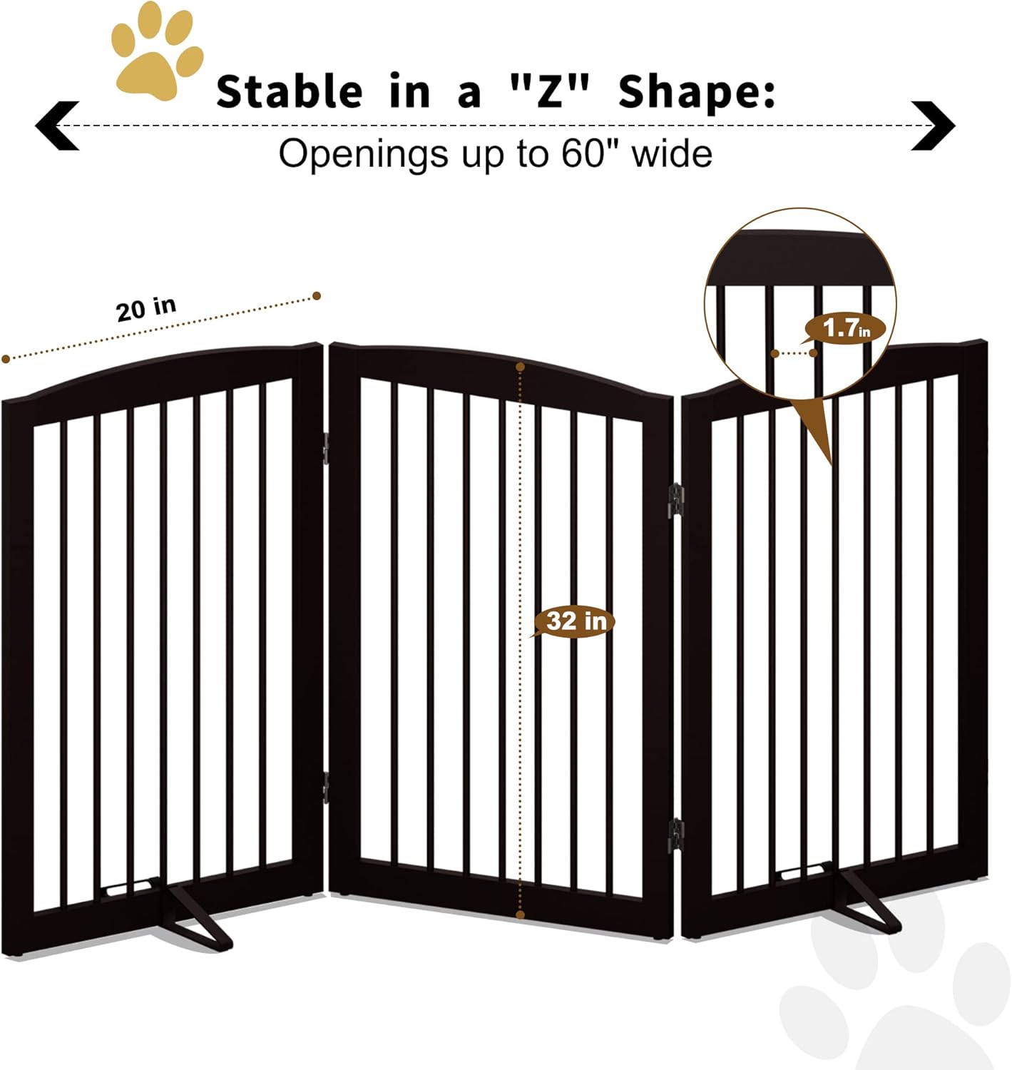 Freestanding Pet Gate for Dogs, Foldable Wooden Dog Gate for House Indoor, Tall Pet Fence for Stair, Doorway,Hall, Support Feet Included, 3 Panels 32",Brown