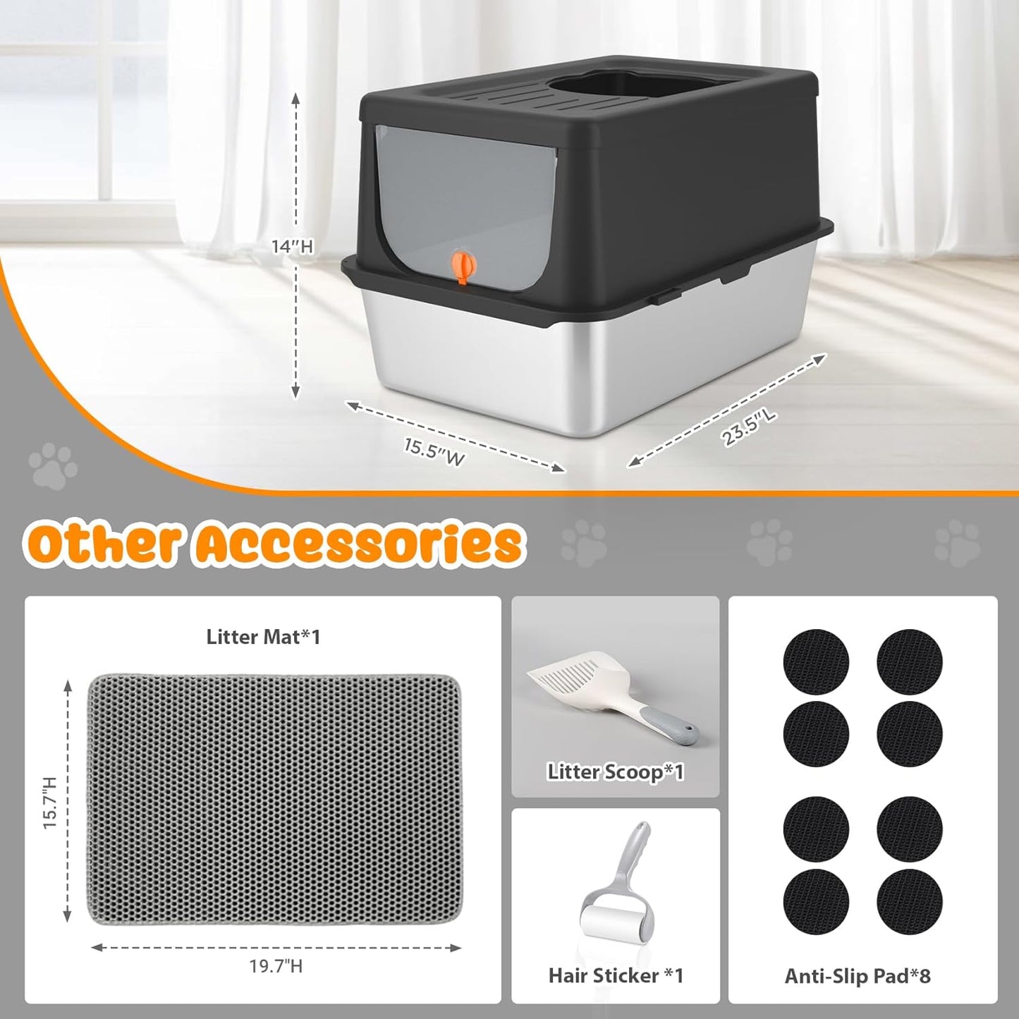 Litter Box with Lid, Stainless Steel Litter Box XL, 14" H Metal Cat Box with High Sides Wall Enclosure, Cat Pan, Non-Sticky, Easy Clean, Anti-Leakage, Black