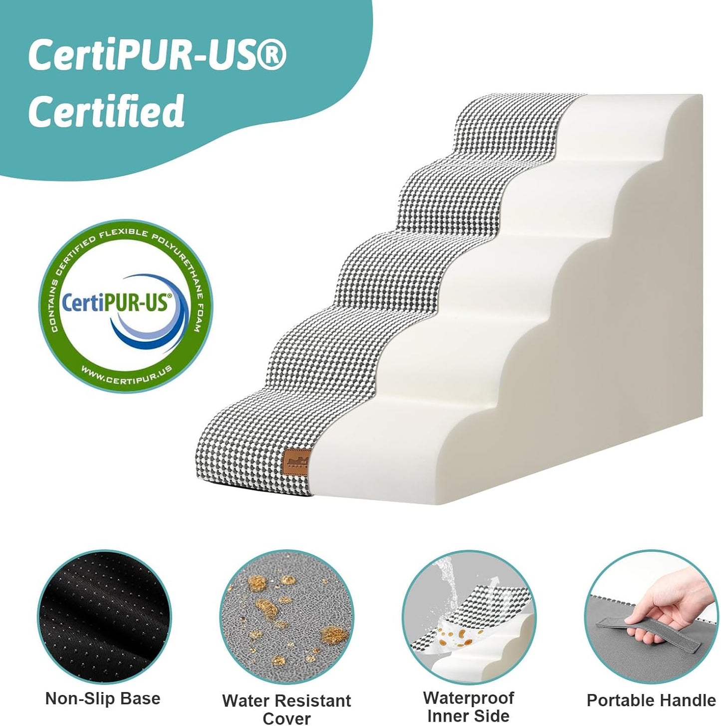 Dog Stairs for High Bed 22.6" H, Small Dog Step for Puppy, Older or Cat, Curved Ramp for Car, Ladder with High Density Foam, Lightweight, Durable, 15.7x33x22.6 inch, 5 Step, White Black