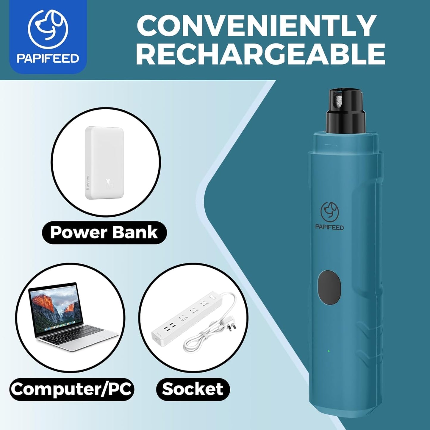 PAPIPAFFEED Dog Nail Grinder Upgraded with 2 LED Lights, 3-Speed Rechargeable & Quiet - Upgraded Electric Pet Nail Trimmer for Small Medium Large Dogs & Cats, Painless Paws Grooming Tool - Blue