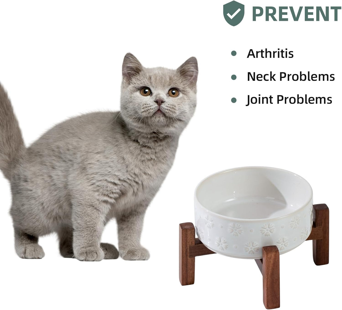 Ceramic 5.1inch Raised Dog and Cat Bowl Set, 2 Heights Elevated Wooden Stand for Puppy, Kitty, Cats, Weighted Pet Food and Water Dishes(5.1'',13.5oz, Arctic White)