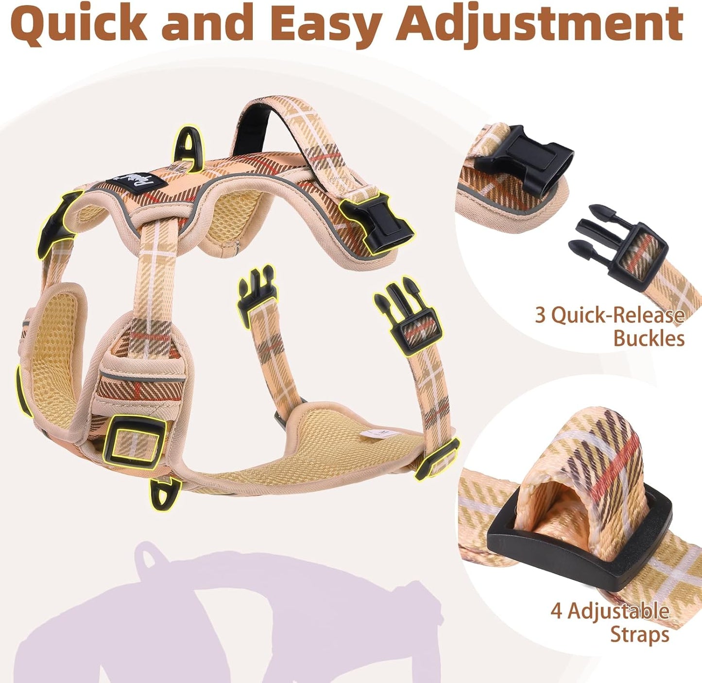 PUPTECK No Pull Dog Harness for Large, Adjustable Reflective Dog Harness with Handle Easy Control, Comfortable Soft Padded Pet Vest Harness for Large Dogs, Plaid Beige L