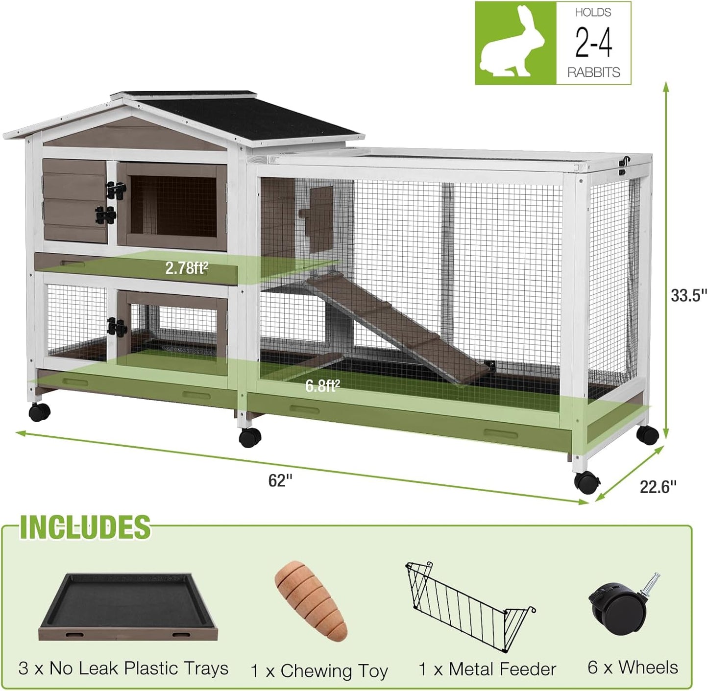 GUTINNEEN Rabbit Cage Indoor Bunny Hutch with Chew-Proof Ramp - 2 Story Guinea Pig Cages Outdoor with 6 Wheels, Leakproof Pull-Out Tray for Rabbits, Guinea Pigs (Brown)