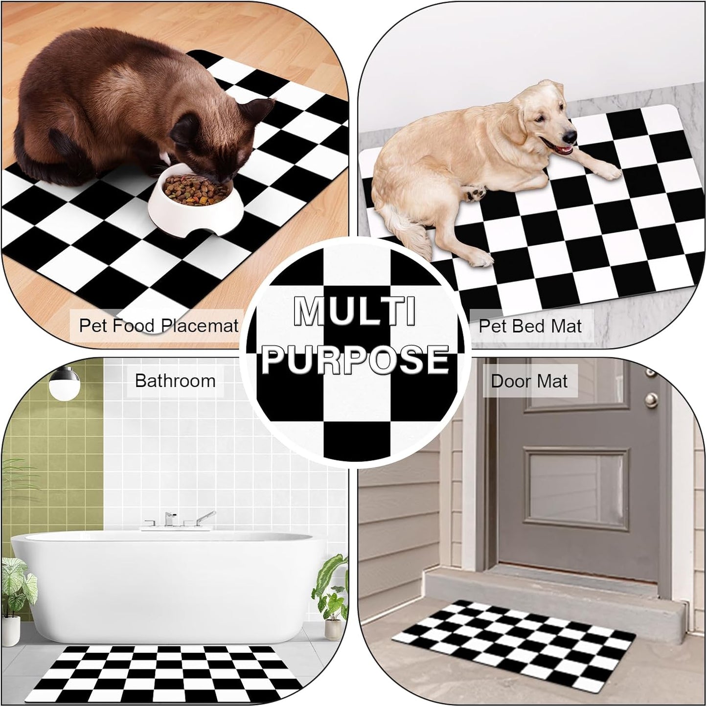 Pet Feeding Mat, 16"x 24" Absorbent Dog Food Mat, Checkered Cat Bowl Mats, Easy to Clean Pet Placemats, Quick Dry Dog Water Dispenser Mats for Messy Drinkers, Black & White