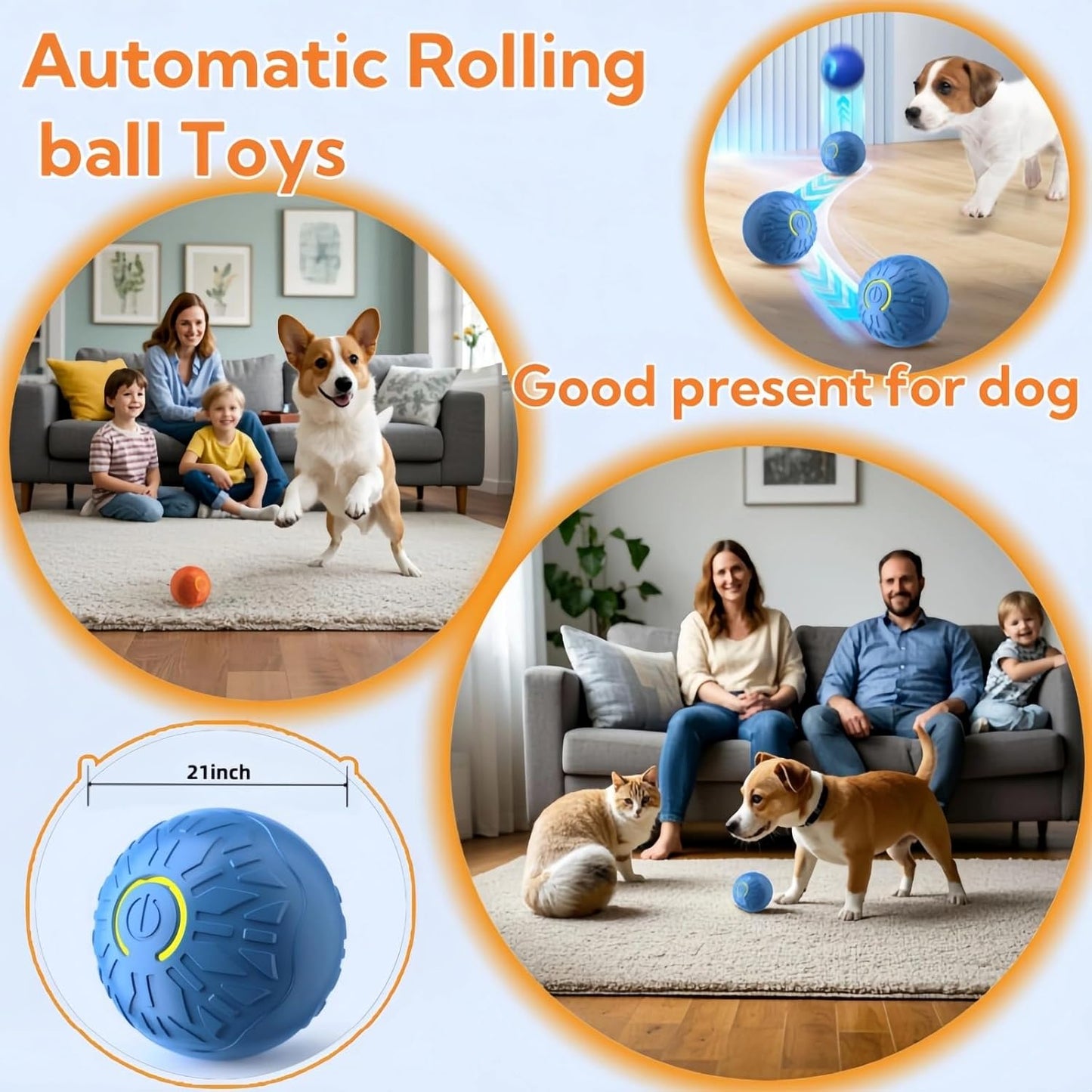 2025 New Interactive Dog Toys Dog Balls,Durable Motion Activated Automatic Rolling Ball Toys for/Small/Medium Dogs(Orange+Blue)