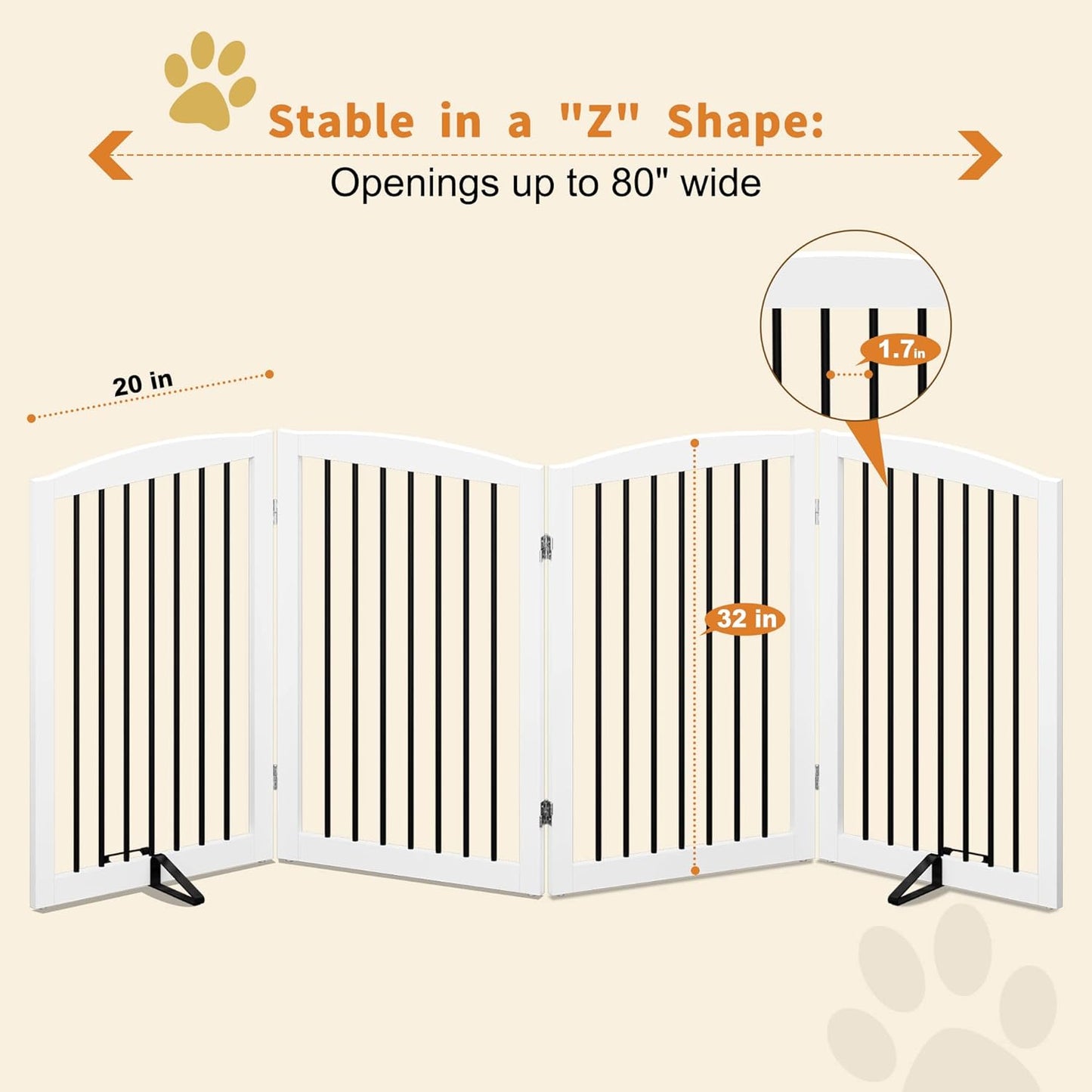 Freestanding Pet Gate - Foldable Wooden Dog Gate, 80 Inch Wide, 4 Panels, White
