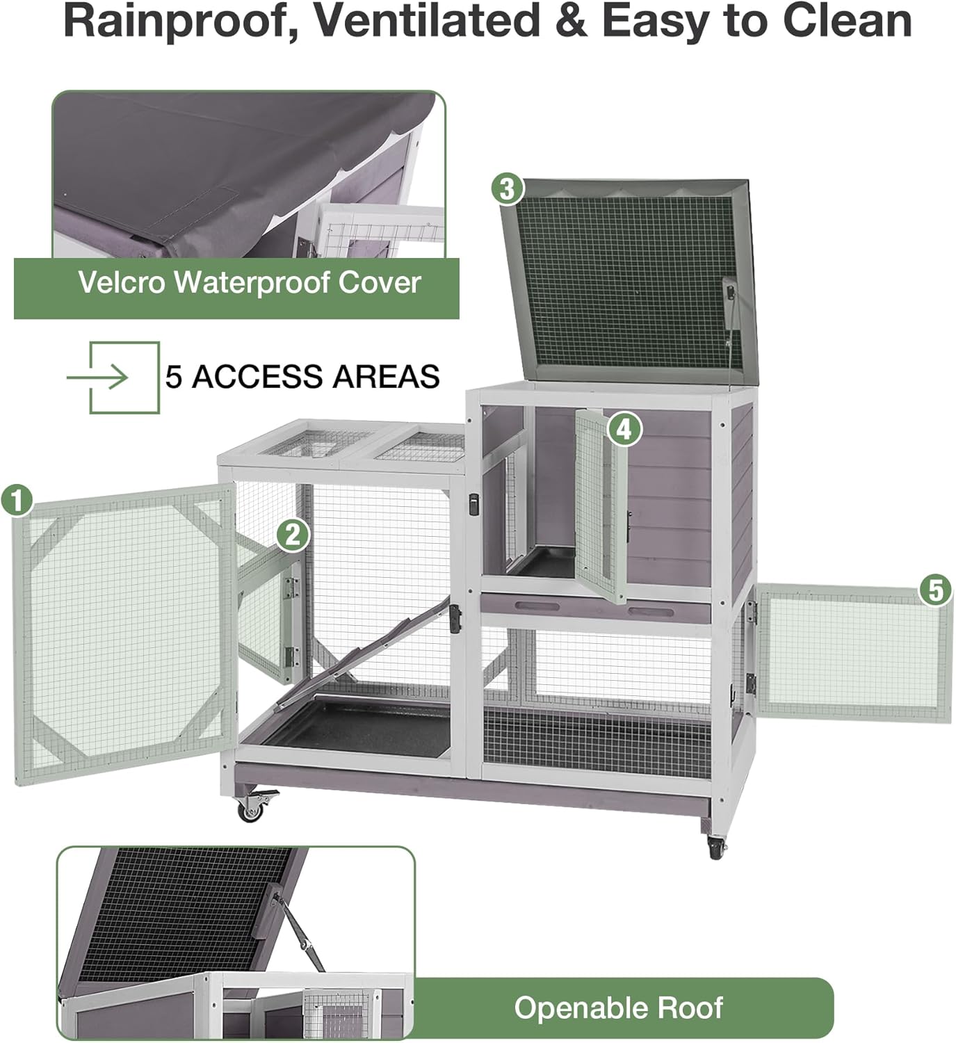 Rabbit Hutch 2-Story Wooden Bunny Cage with 2 Leak-Proof Sliding Trays, Chew-Proof Metal Mesh, Rainproof Cover, Indoor & Outdoor Guinea Pig House with Wheels - Grey