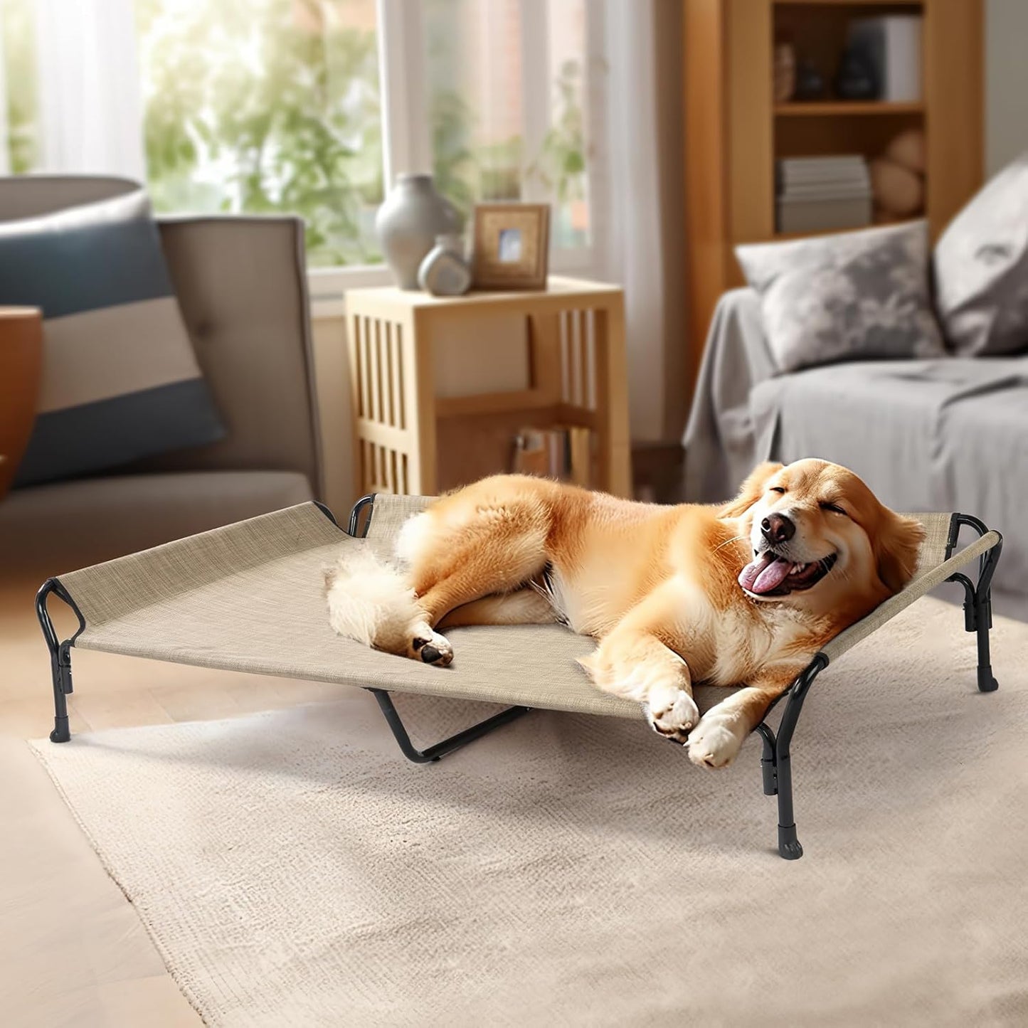 Veehoo Cooling Elevated Dog Bed, Guardrail Raised Pet Cot, Indoor & Outdoor XXL Pet Bed with Washable & Breathable Teslin Mesh, Non-Slip Feet, Dog Couch Bed, 62.5" x 37", Beige Coffee