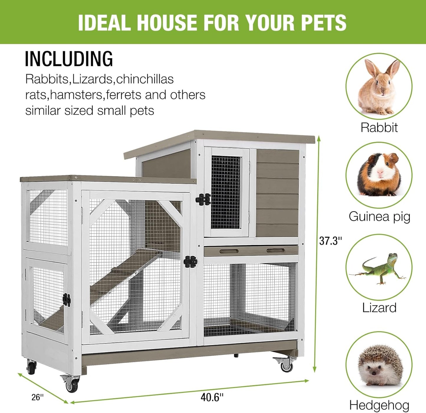 GUTINNEEN Rabbit Hutch Indoor Mobile Bunny Cage with Run Wooden 2 Story Guinea Pig Cage Outdoor for Small Animals with Wheels,Two Deeper No Leak Trays(Grey)